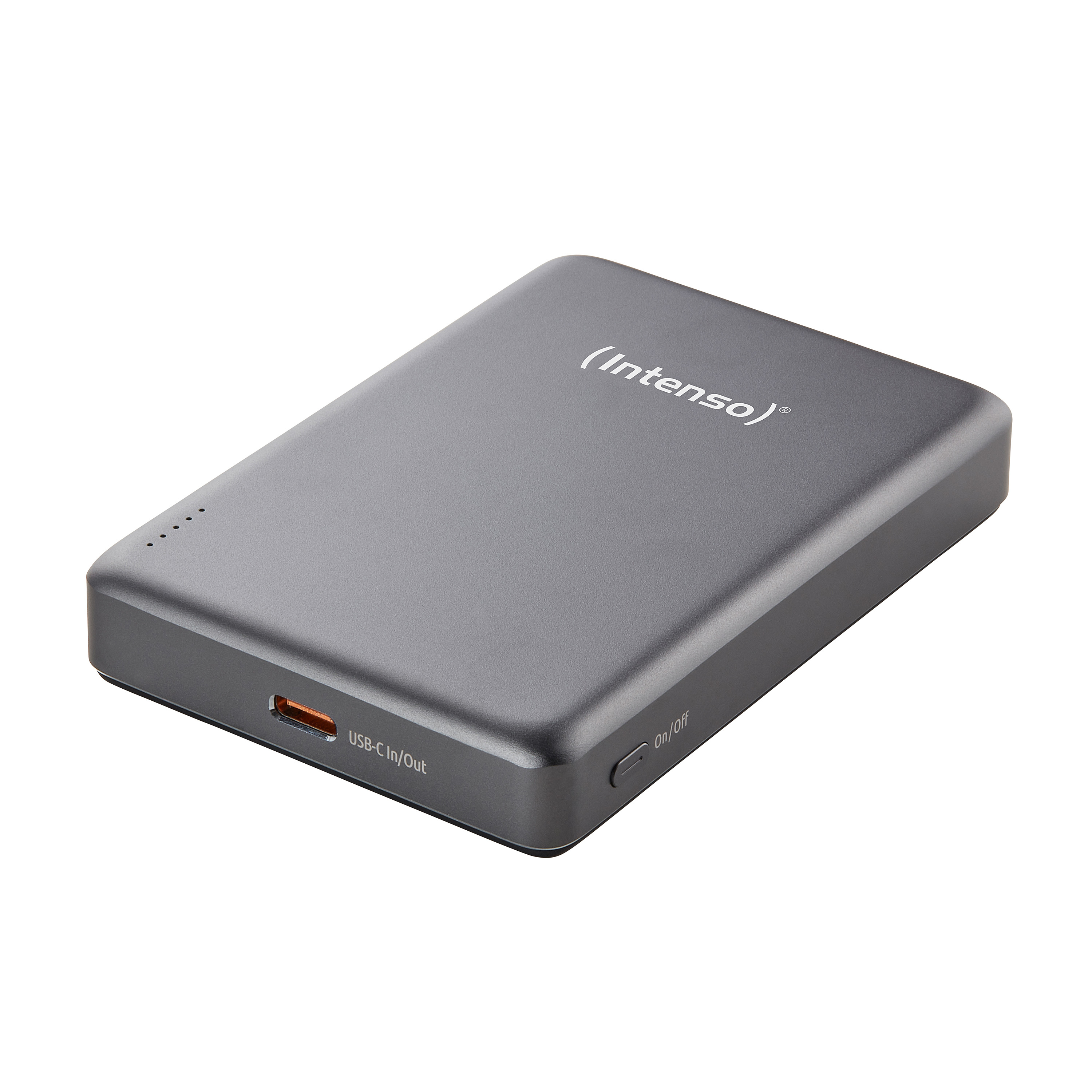 Power bank grigio compatto con porta USB-C e logo "Intenso".