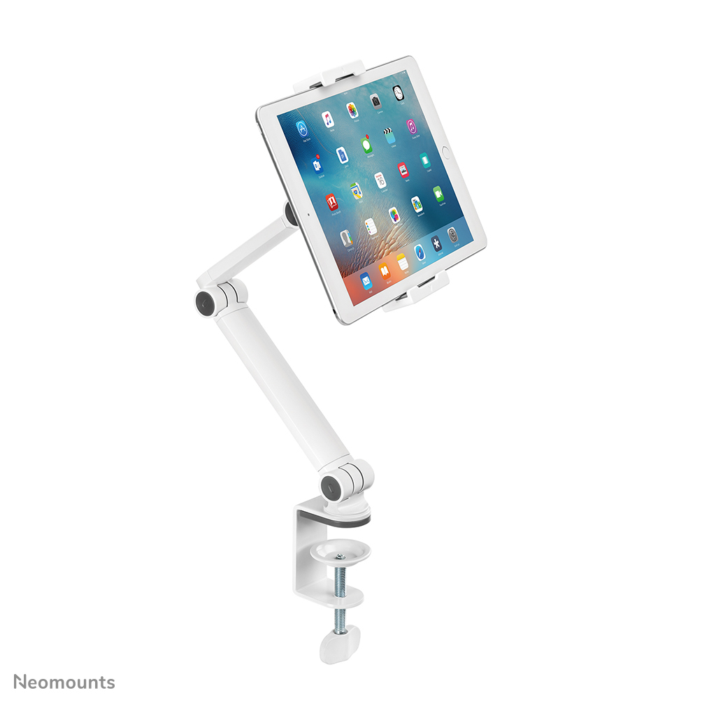 Un bras de bureau blanc avec support de tablette, fixé à une pince.