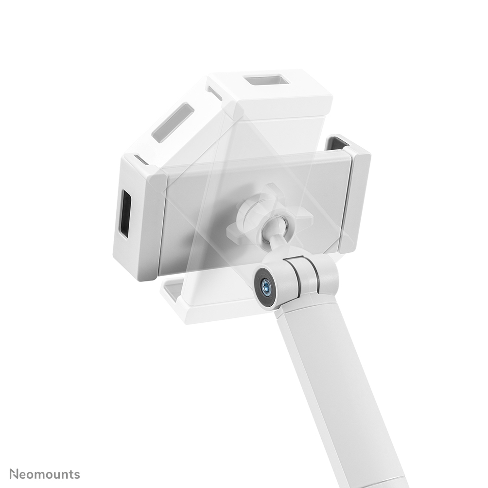 Support de tablette blanc réglable avec bras articulé, montrant un support de tablette.