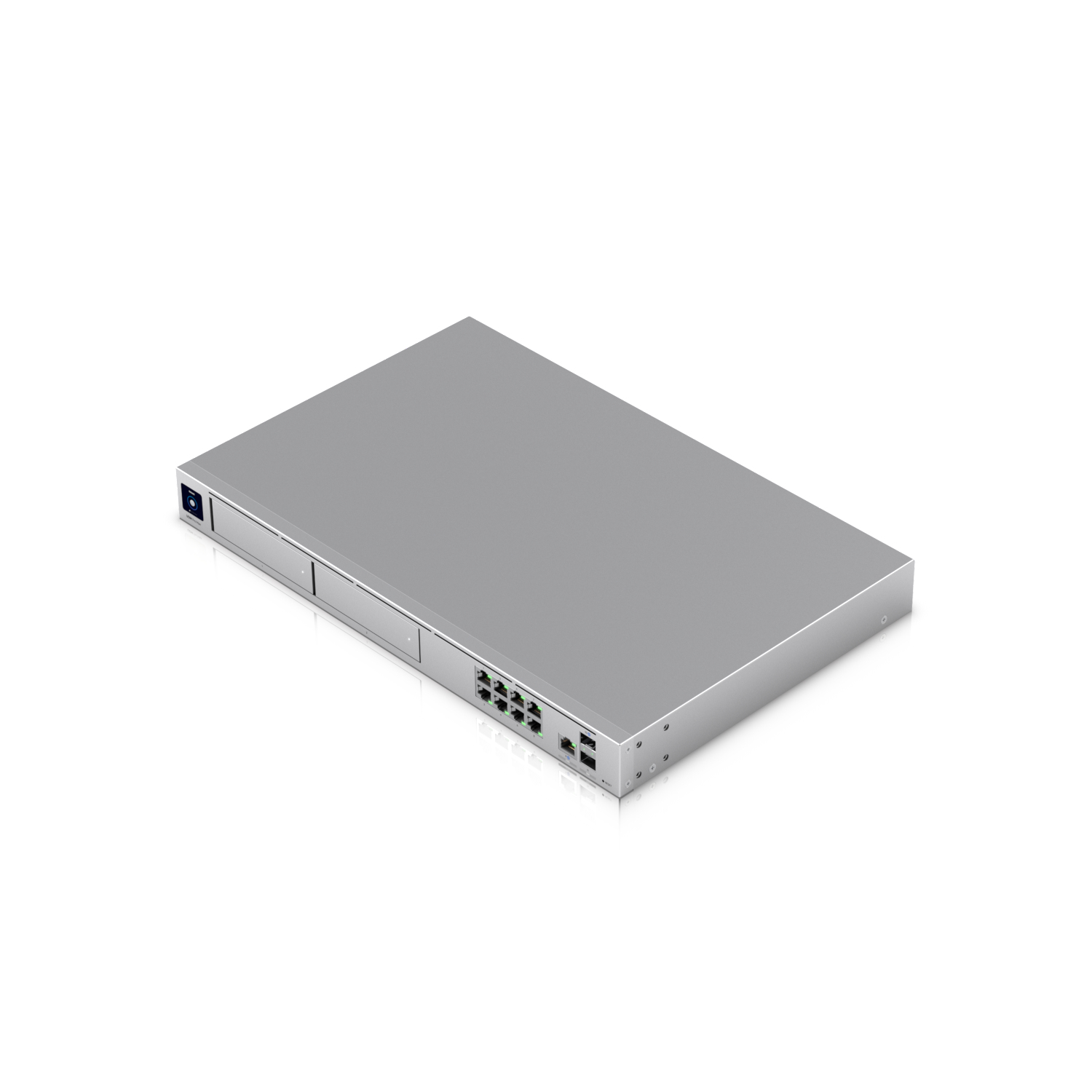 Srebrny przełącznik sieciowy z niebieskimi i zielonymi diodami i portami.