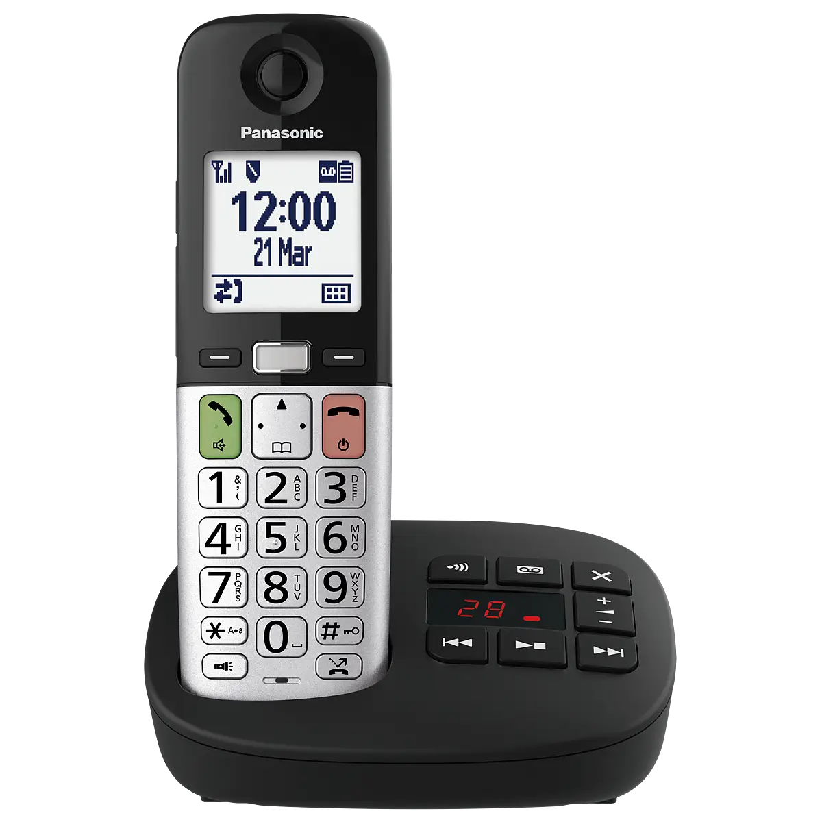 Ein schwarzes schnurloses Panasonic-Telefon mit silbernen Tasten und einem schwarzen Ladefußteil.