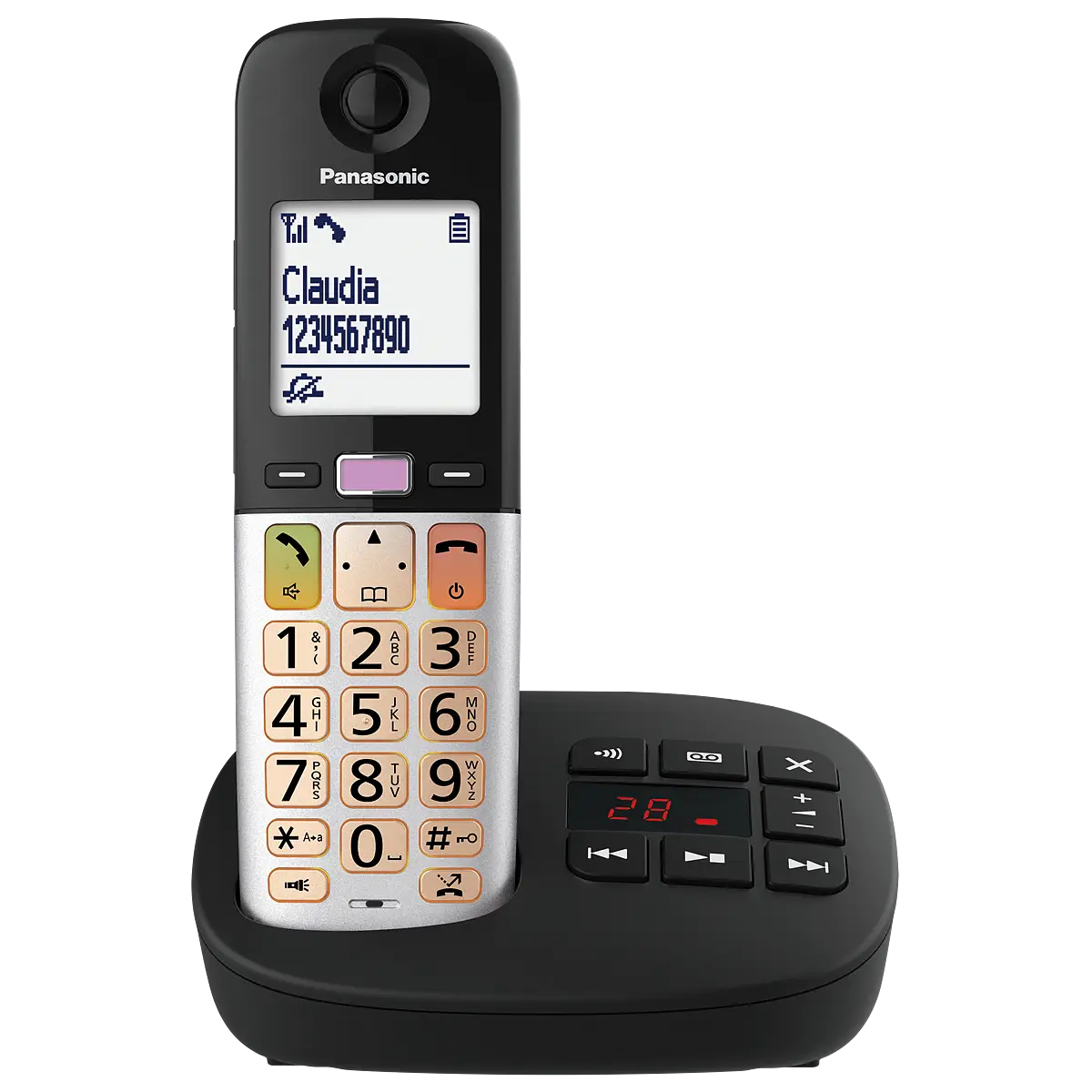 Ein Panasonic Schnurlostelefon mit großem Display und Tasten auf einer Ladestation.