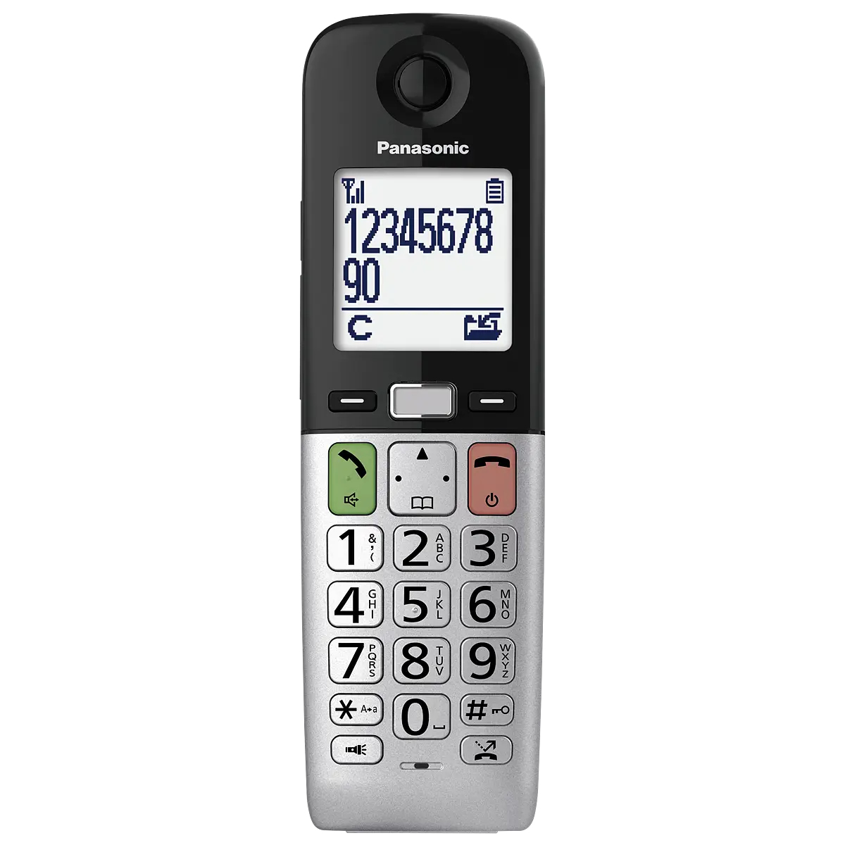 Ein schwarzes Panasonic-Schnurlostelefon mit großem Display und nummerischer Tastatur.