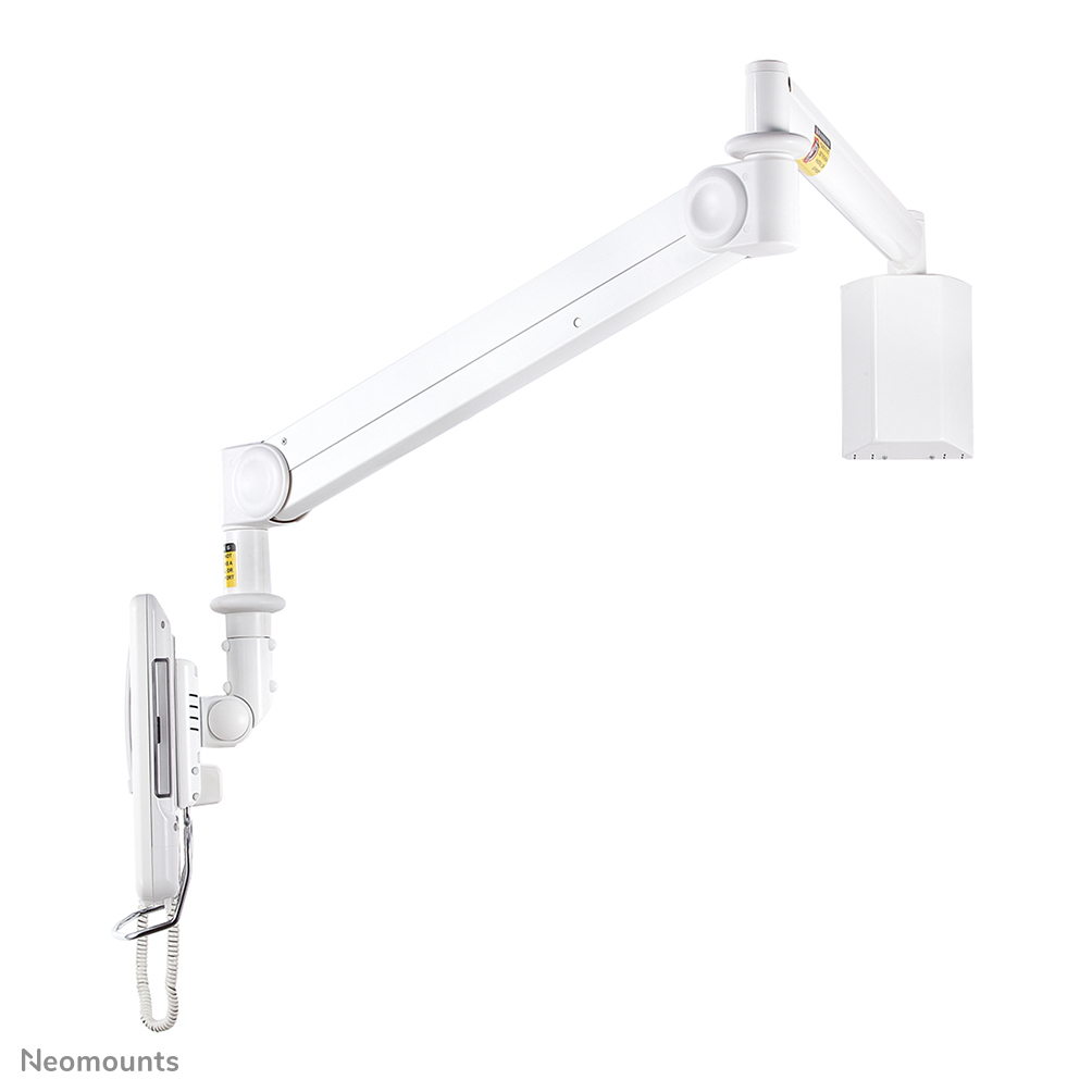 A white monitor arm with adjustable joints and a light head.