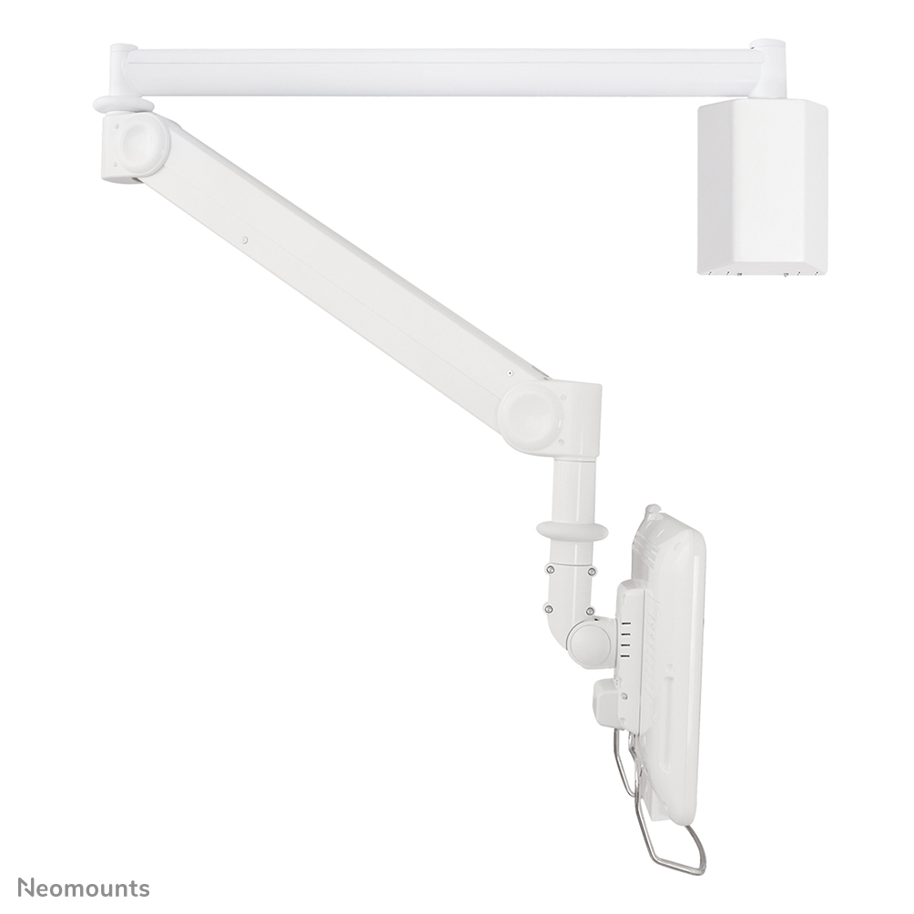A white monitor arm with joints and a monitor mount on a white background.