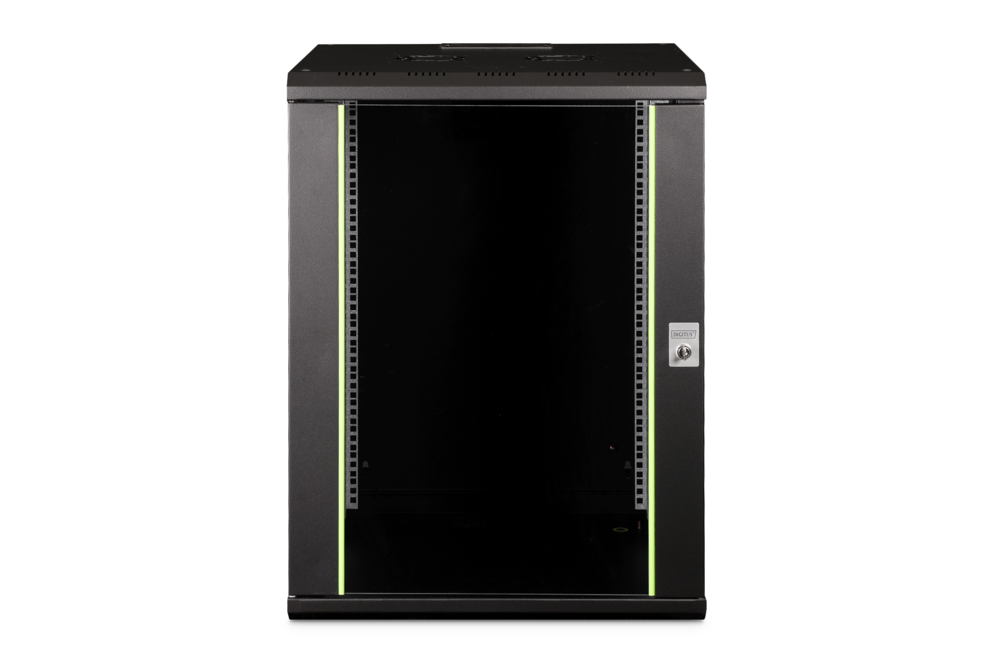 Ein schwarzer Serverschrank mit Glastür und Schloss.
