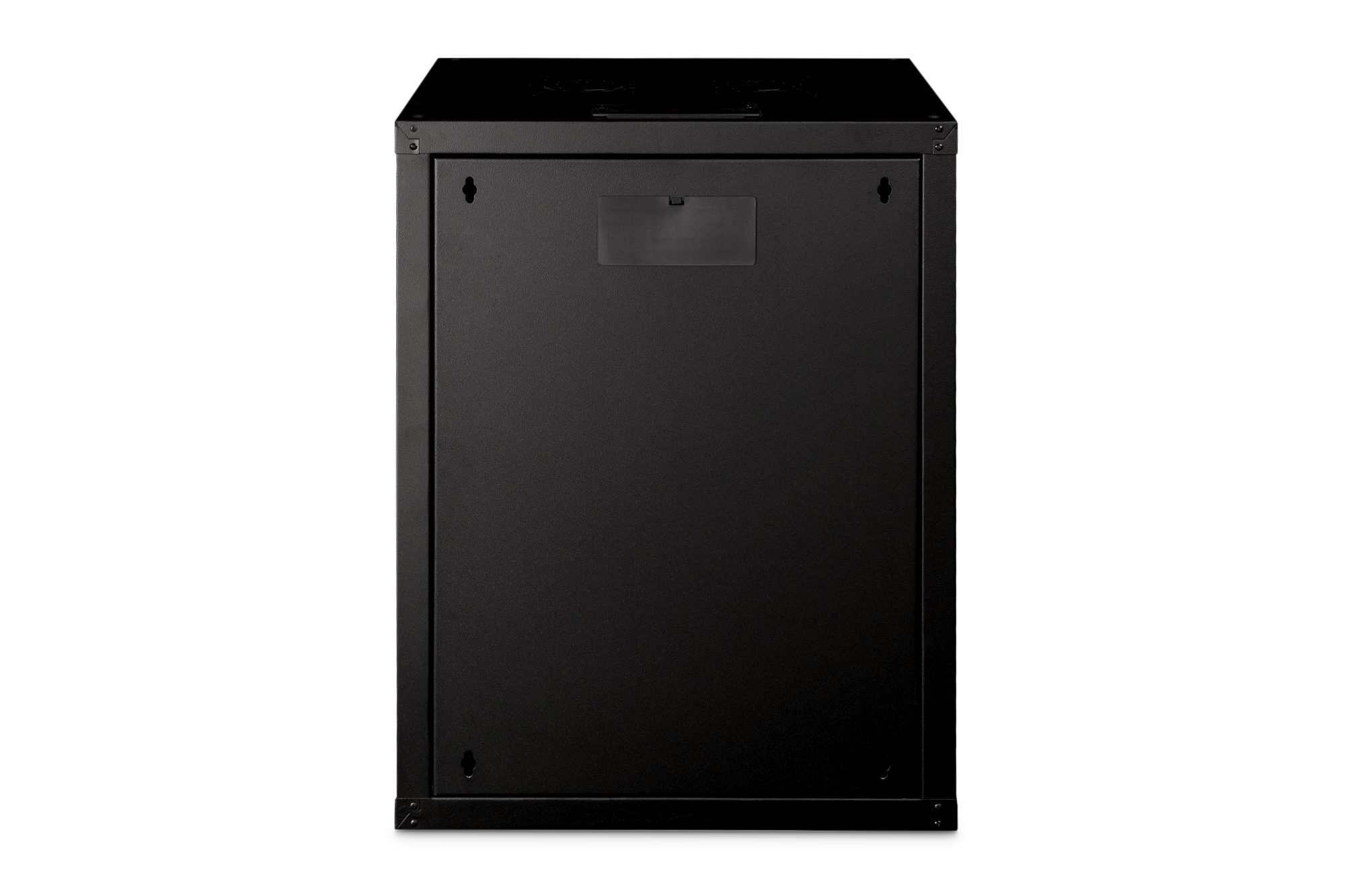 Schwarzer Serverschrank von hinten mit Belüftungsschlitzen oben.