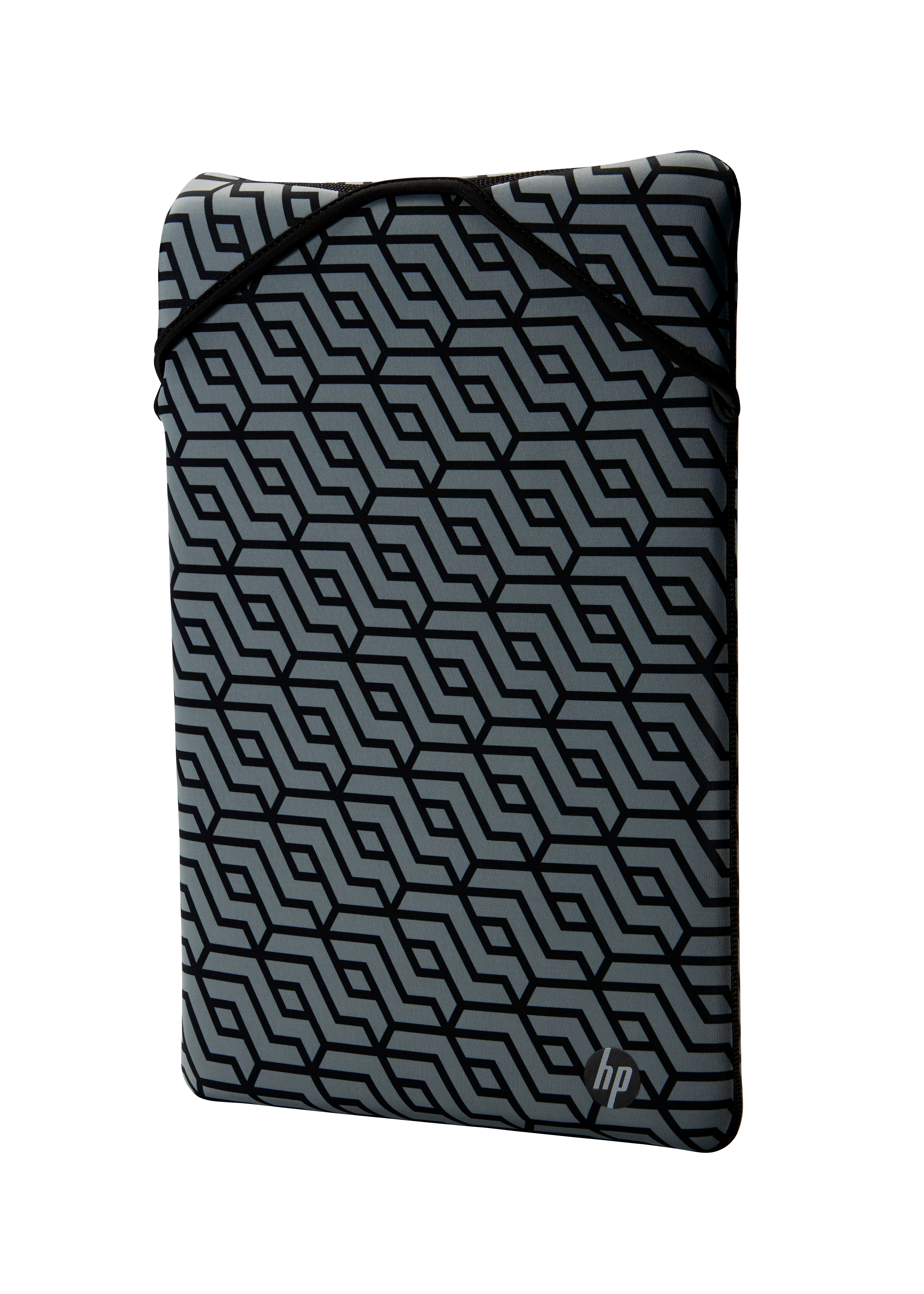 Graue Laptoptasche mit schwarzem geometrischem Muster und HP-Logo.
