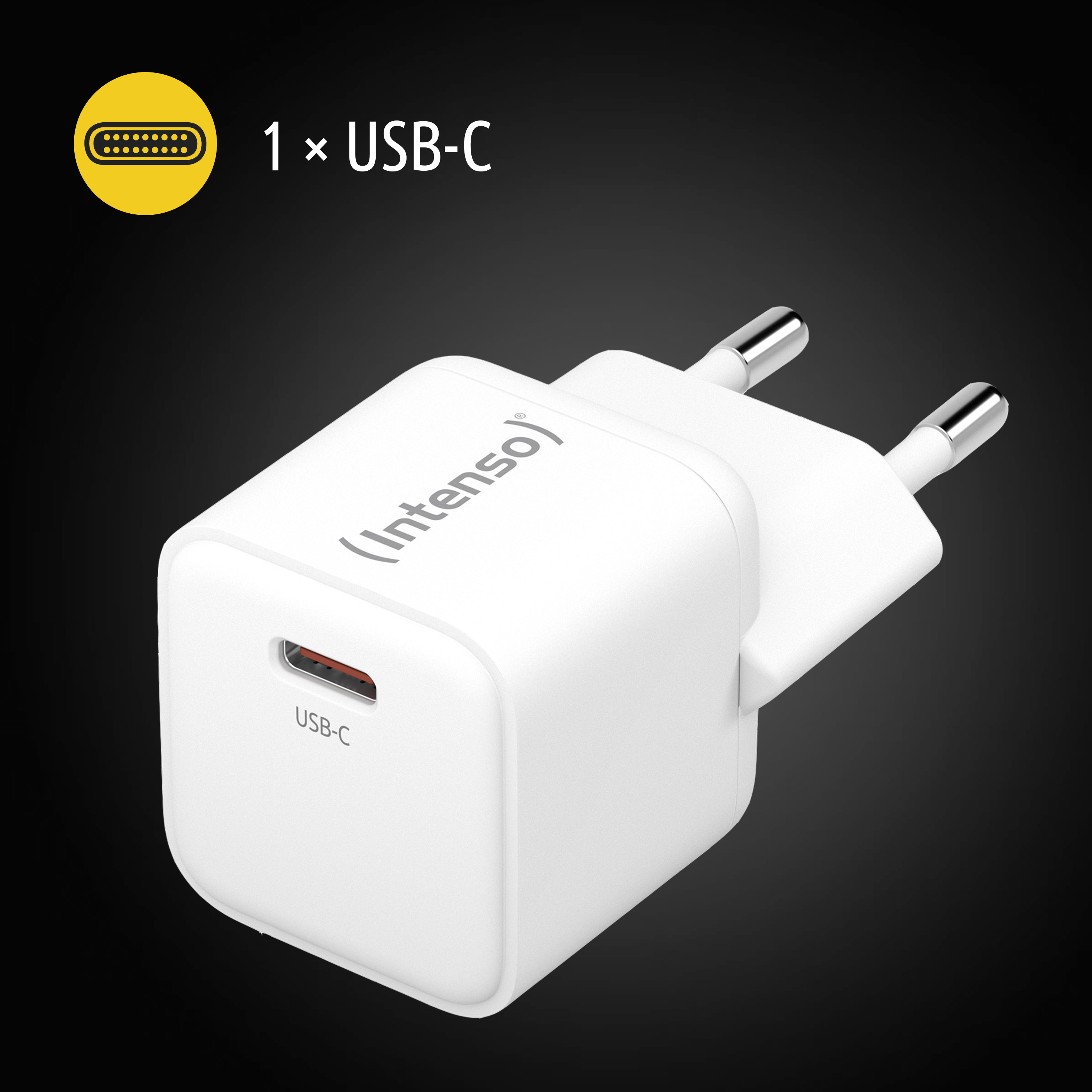 Caricatore bianco Intenso USB-C con spina EU. Icona mostra porta USB-C.