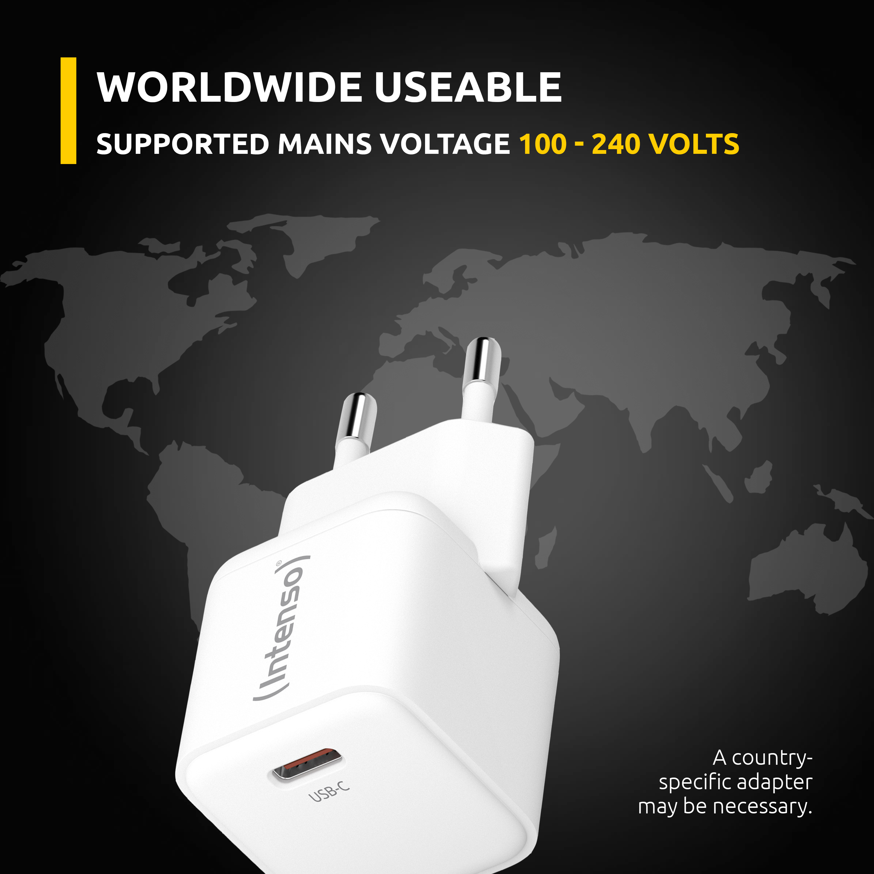 Adattatore USB-C bianco davanti mappa mondo, 100-240V.