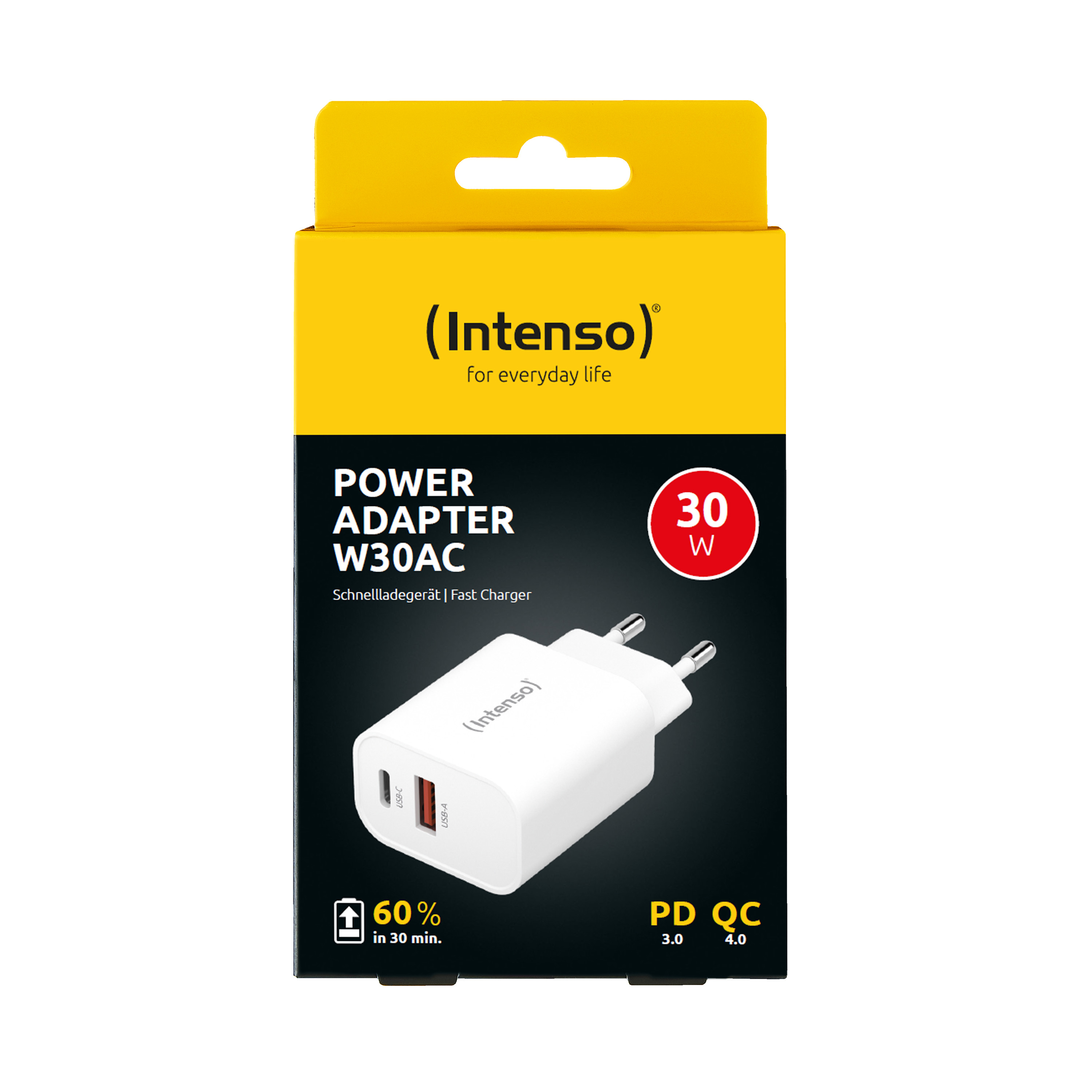 Confezione bianca adattatore Intenso 30W con immagine dell'adattatore.