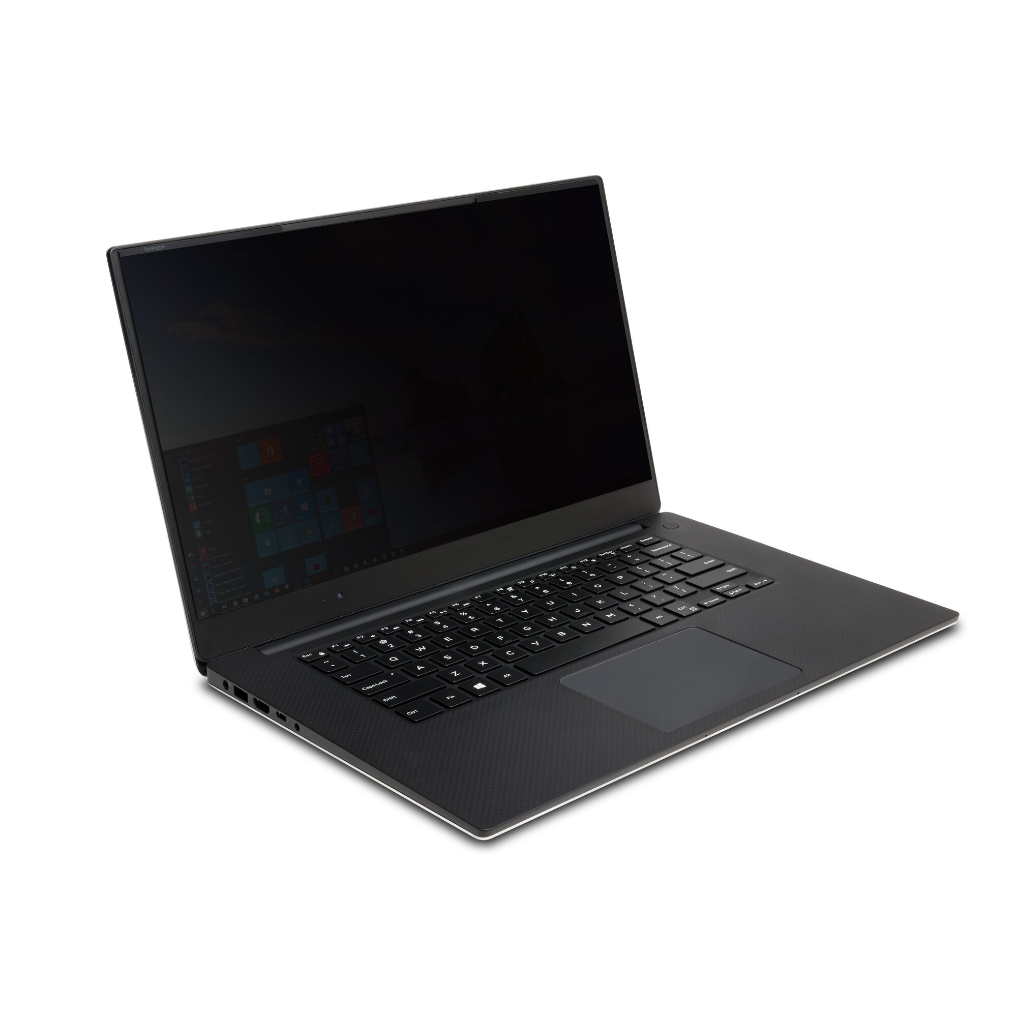 Un laptop nero aperto con tastiera retroilluminata su sfondo bianco.