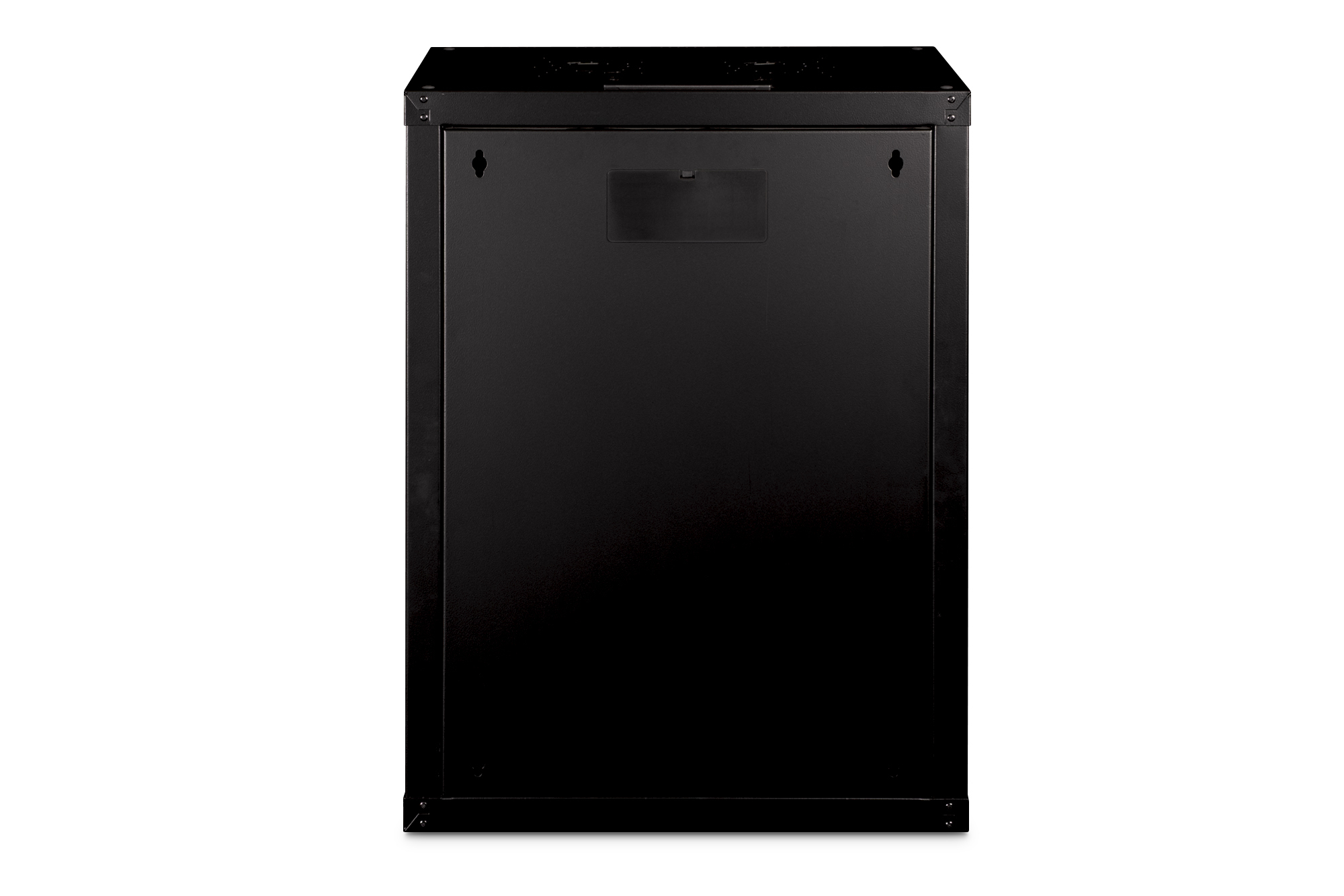Un rack nero con prese d'aria superiori e fori di montaggio sul pannello posteriore.