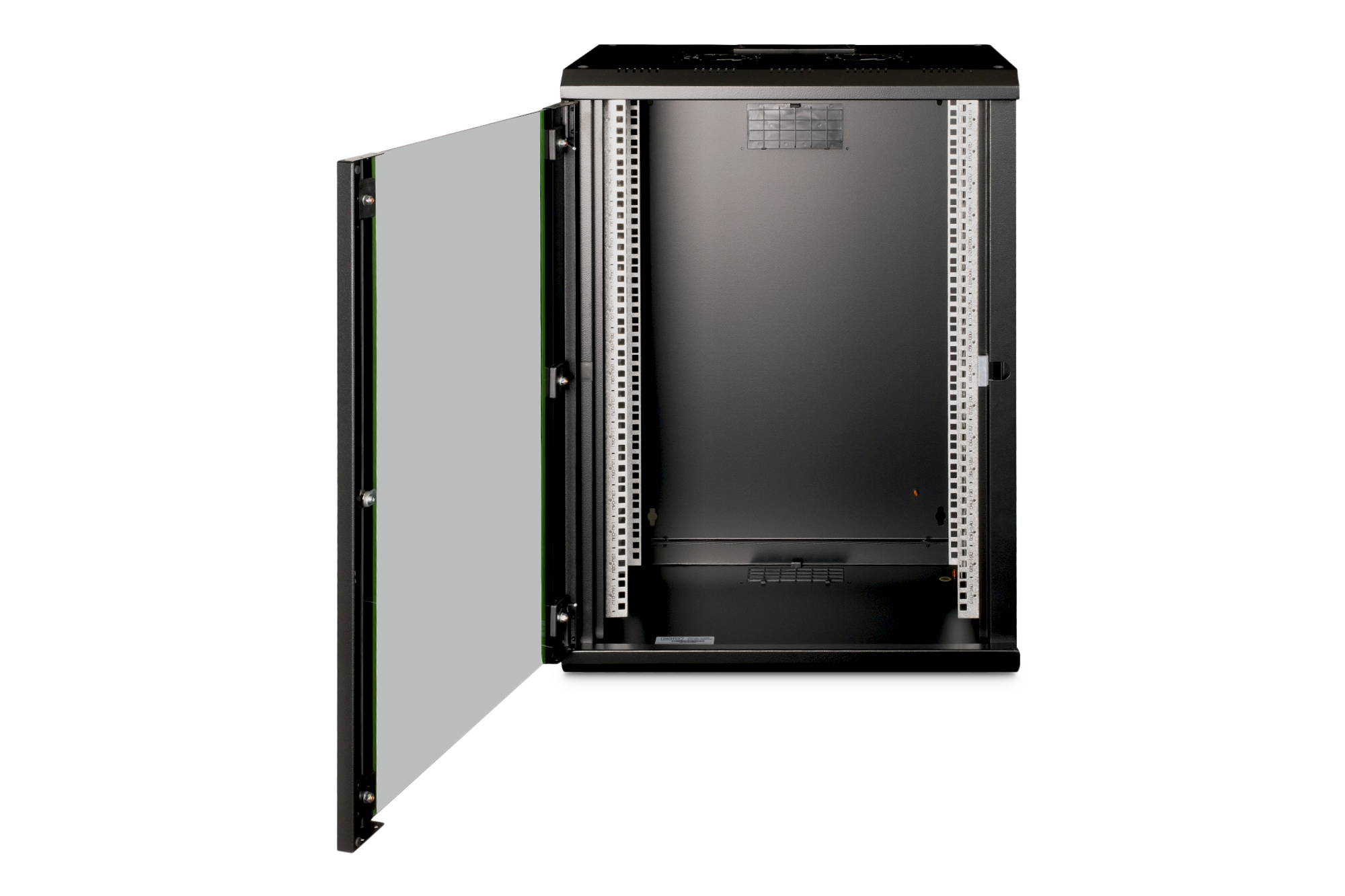 Un rack server nero con porta in vetro aperta, che mostra guide rack all'interno.