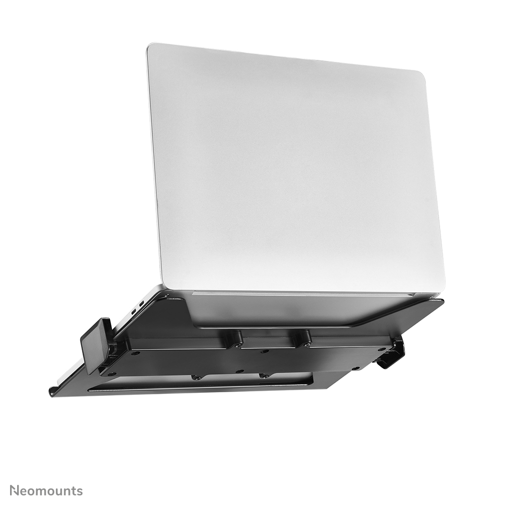 A silver laptop rests on a black laptop stand against a white background.
