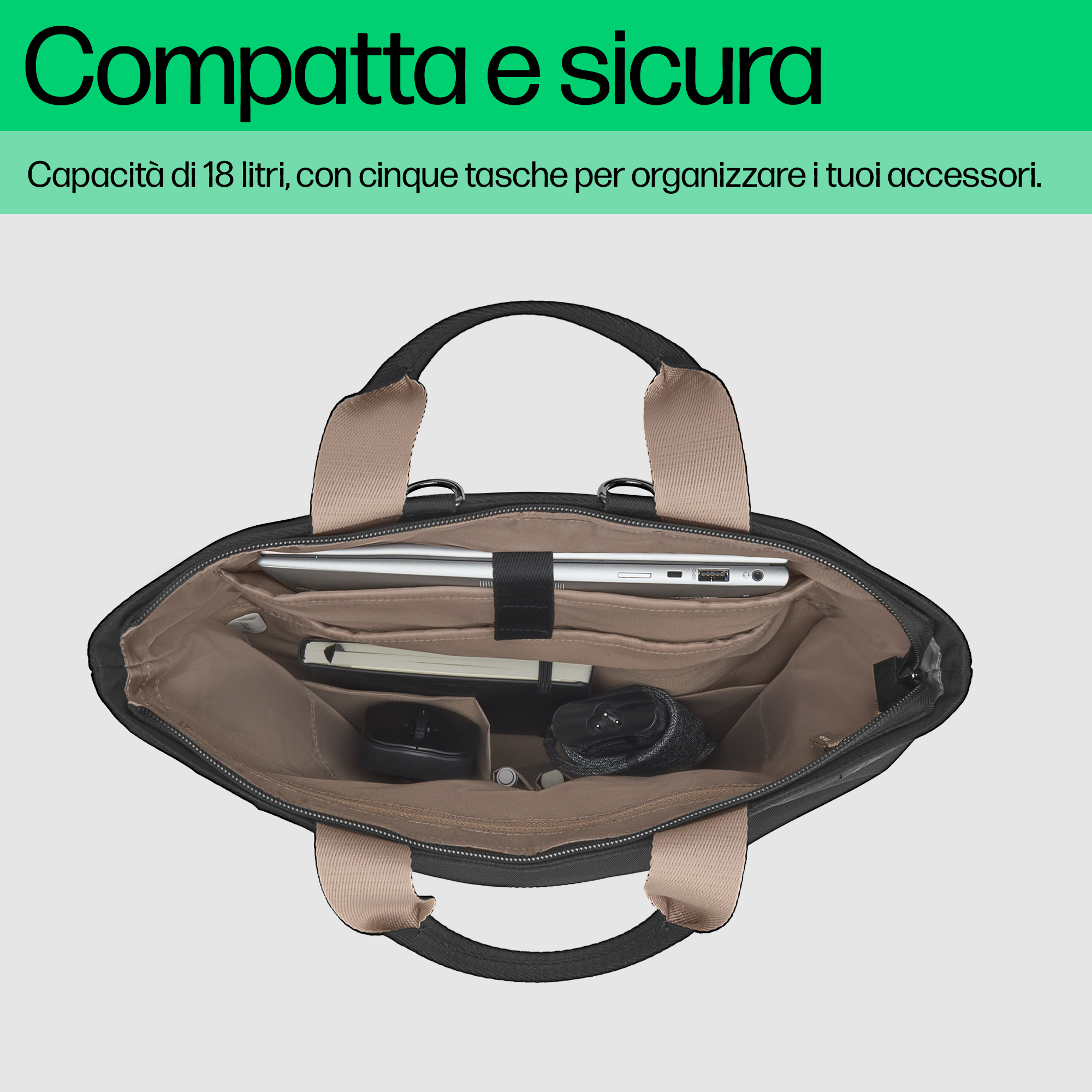 Borsa nera con laptop, taccuino e mouse. Cinghie e fodera colorate chiare.