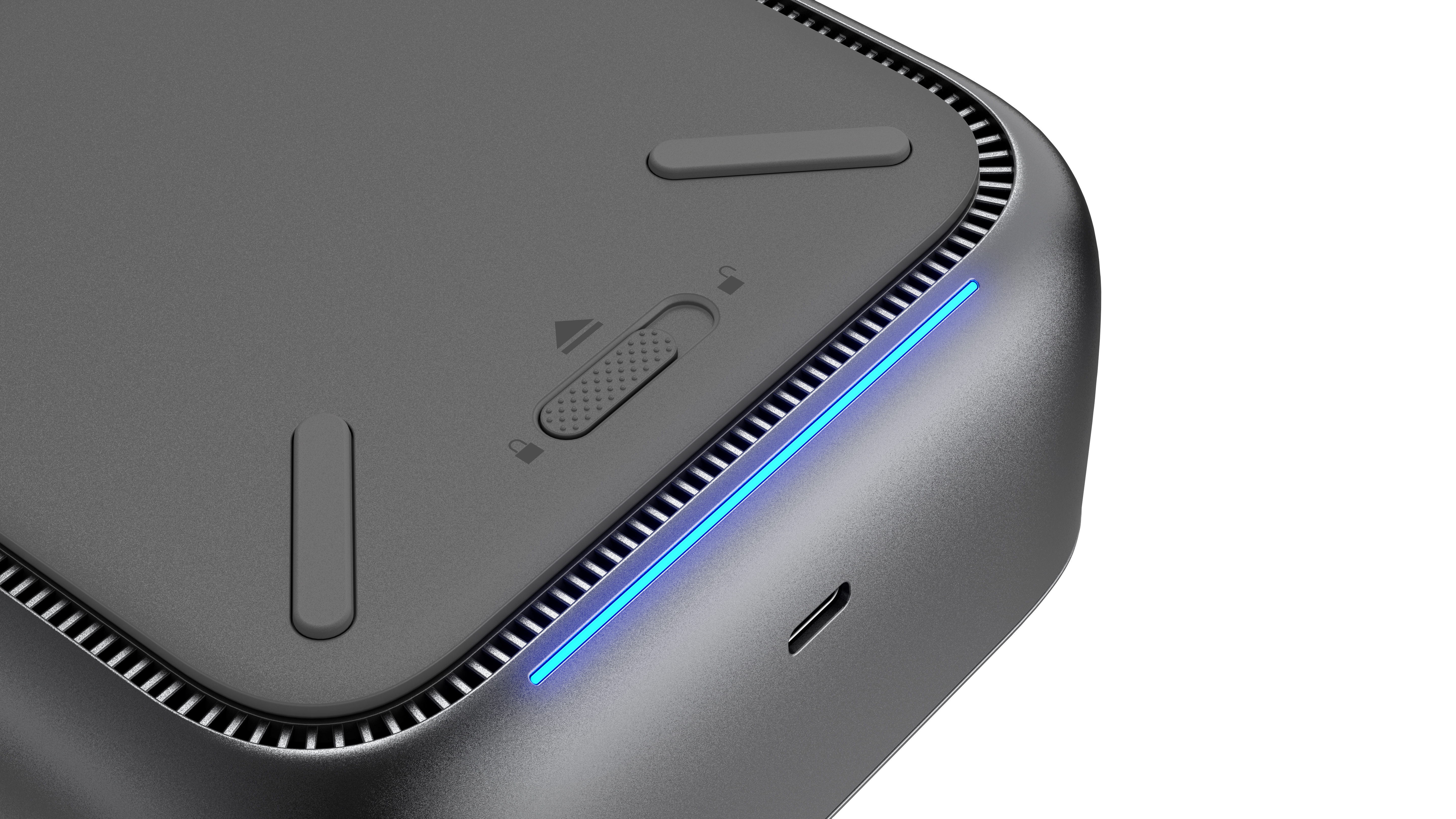 Dispositivo grigio con striscia luminosa blu e un interruttore.