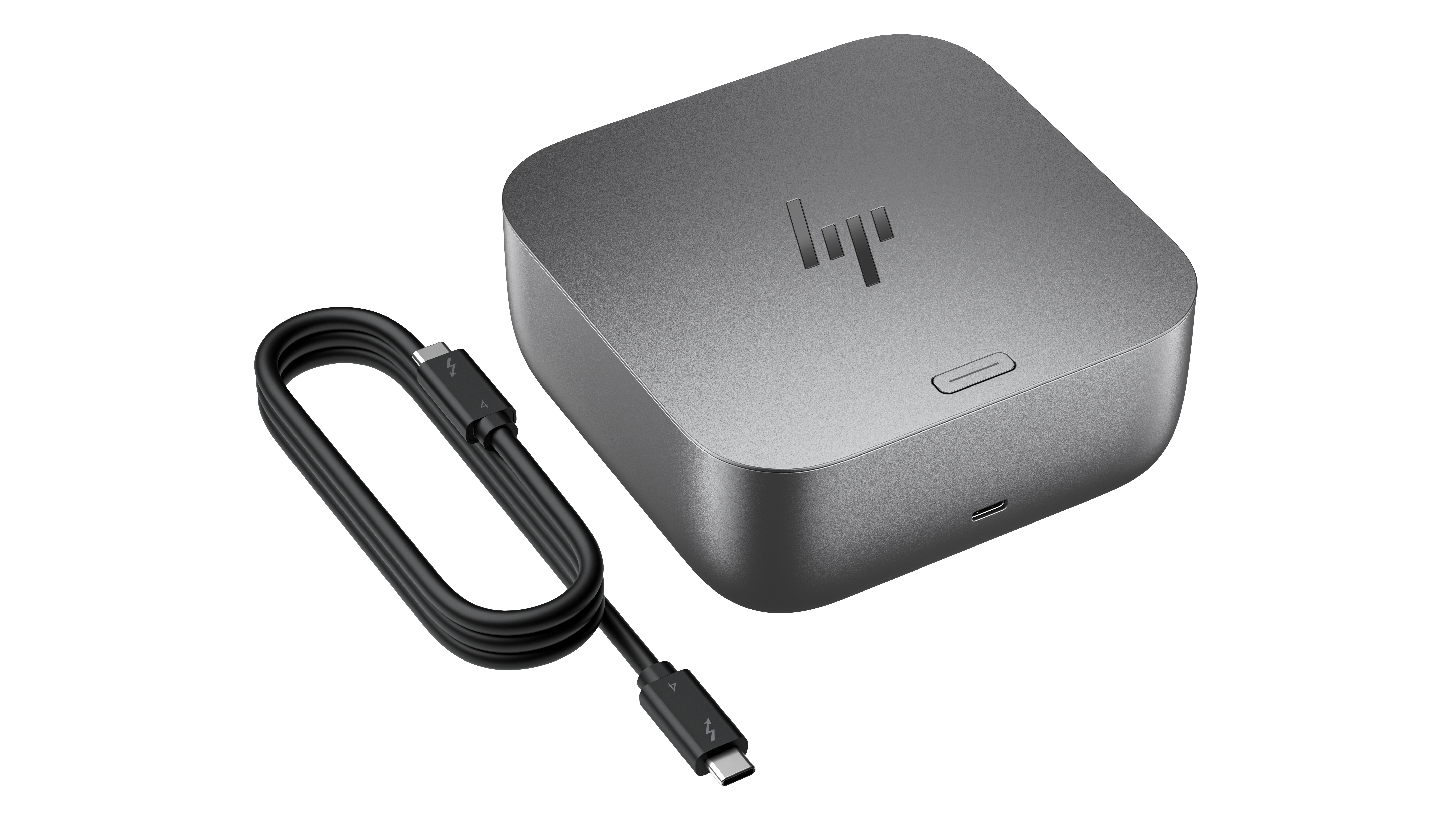 Docking station HP grigia con cavo Thunderbolt su sfondo bianco.
