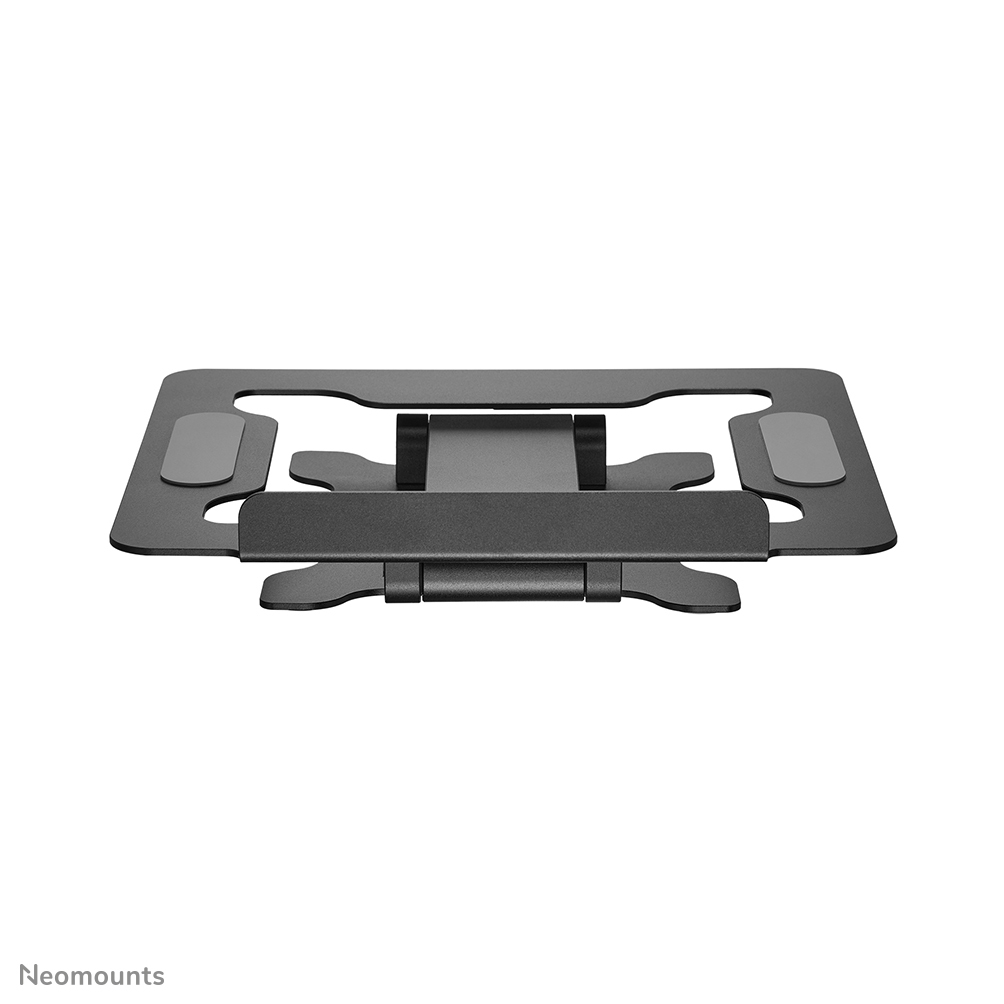 Een grijze, verstelbare laptopstandaard op een witte achtergrond.