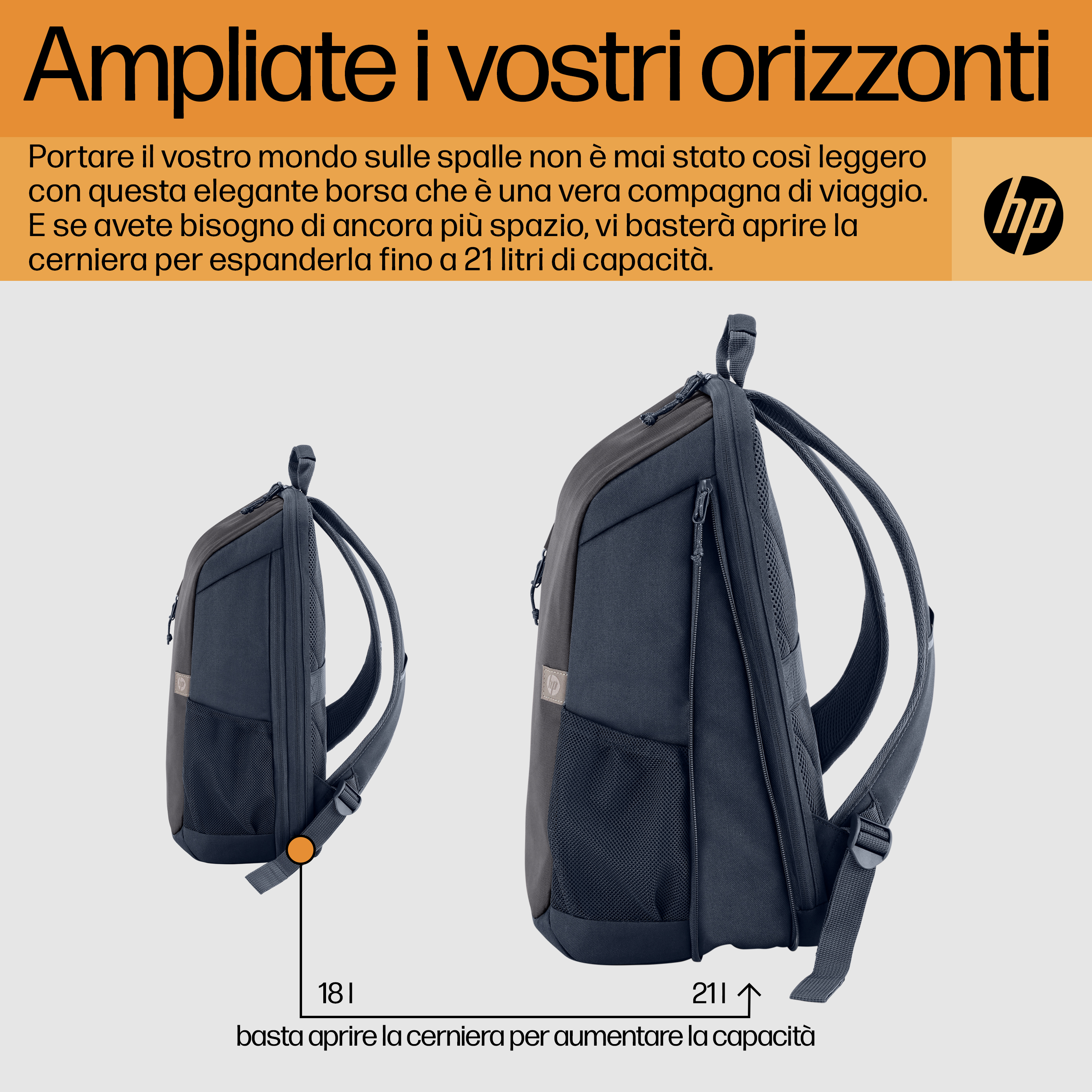 HP logolu iki lacivert sırt çantası, biri küçük diğeri büyük.