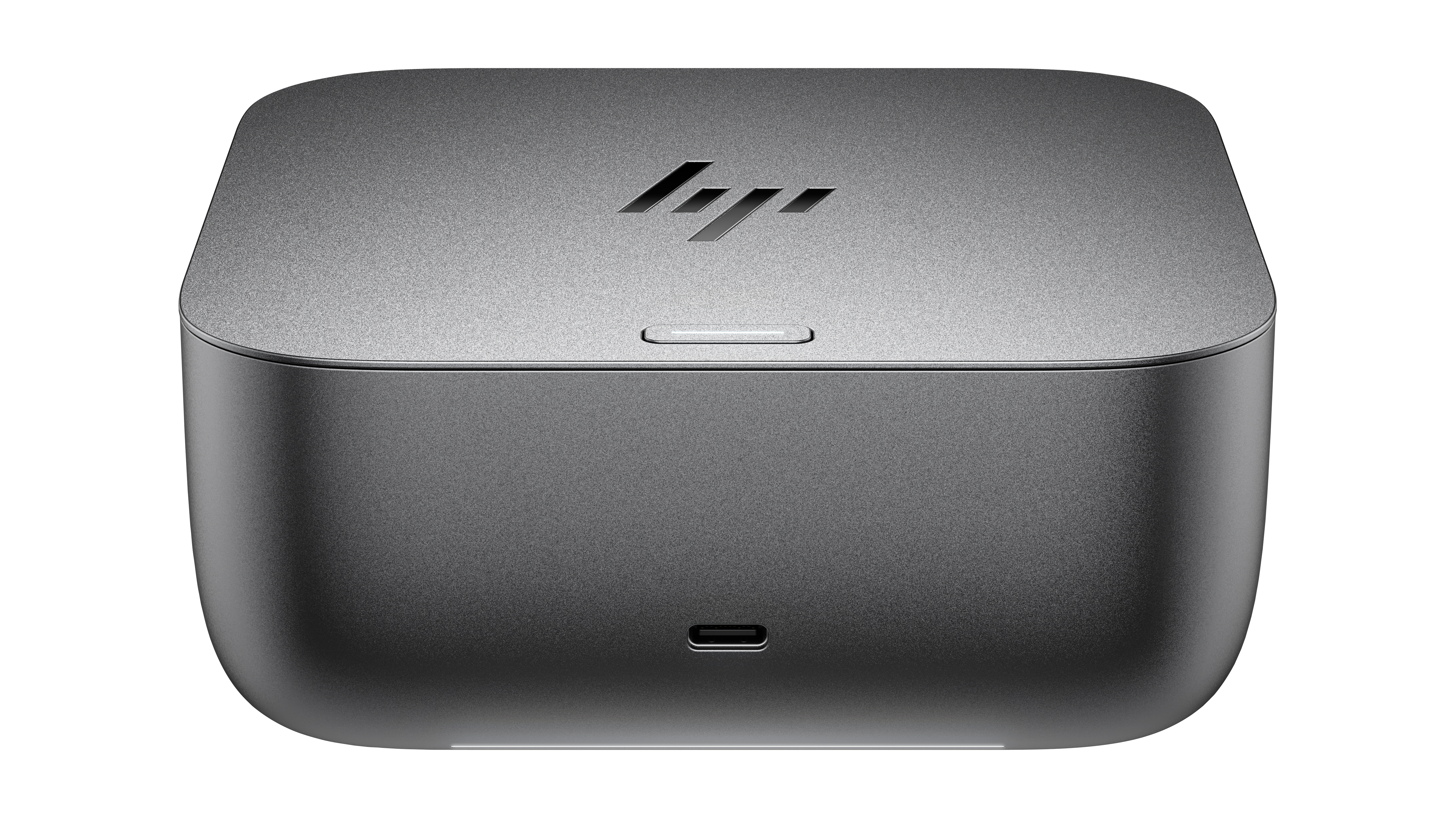 Grauer HP Docking-Würfel mit silbernem HP-Logo und USB-C-Anschluss.