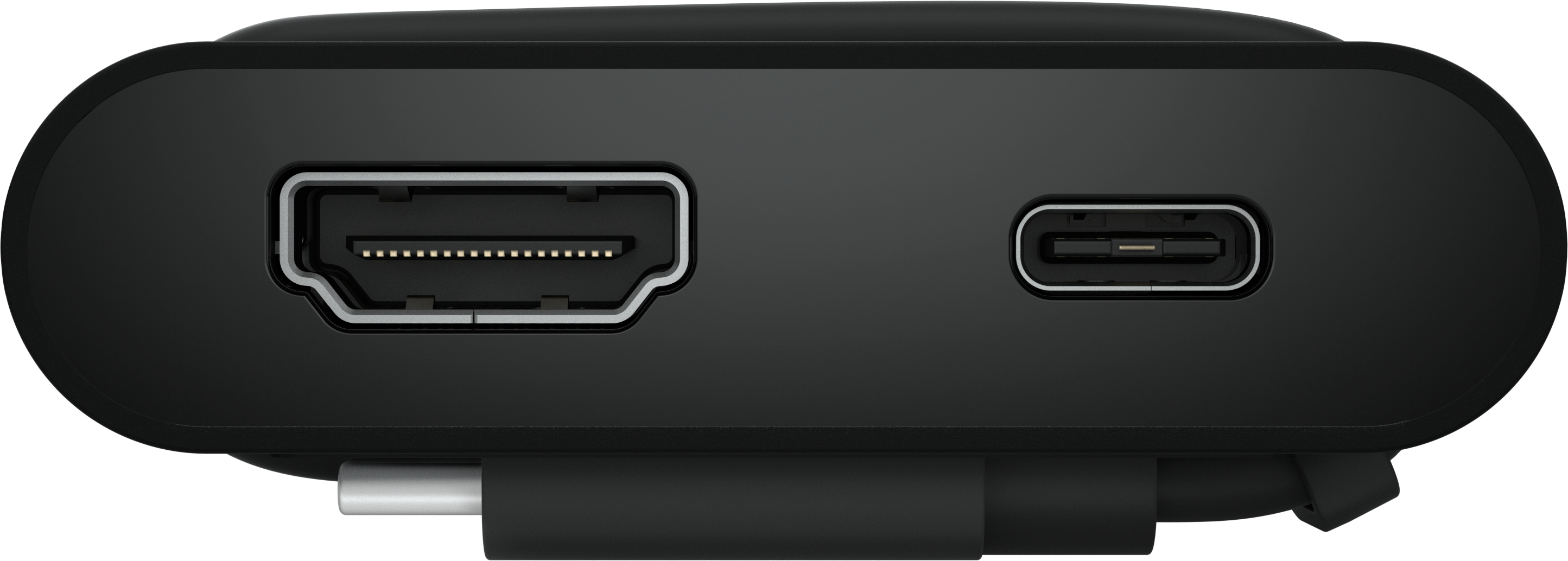HDMI ve USB-C bağlantı noktalarına sahip siyah adaptör. Altında kablo.