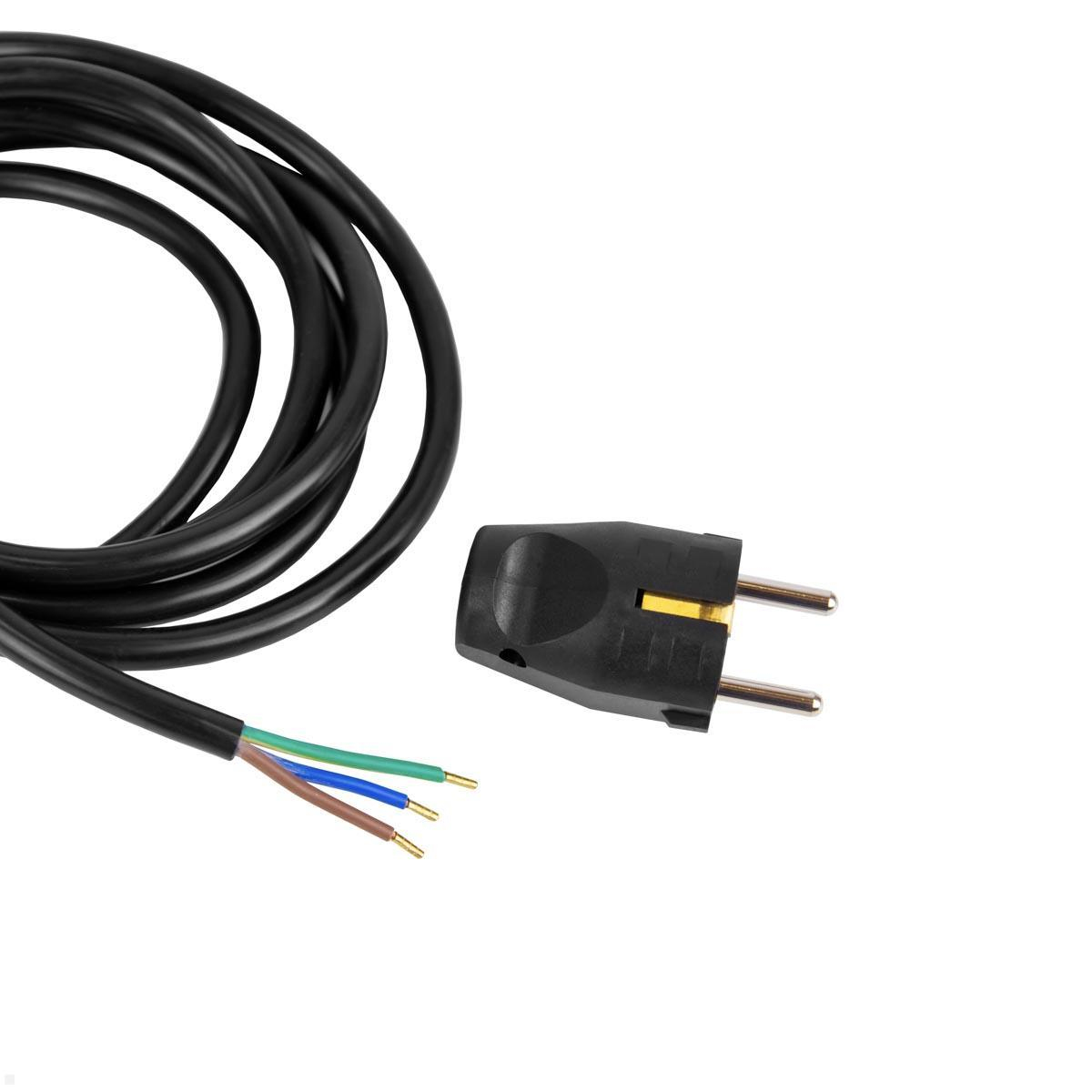 Een zwarte kabel met drie blootliggende draden en een stekker.