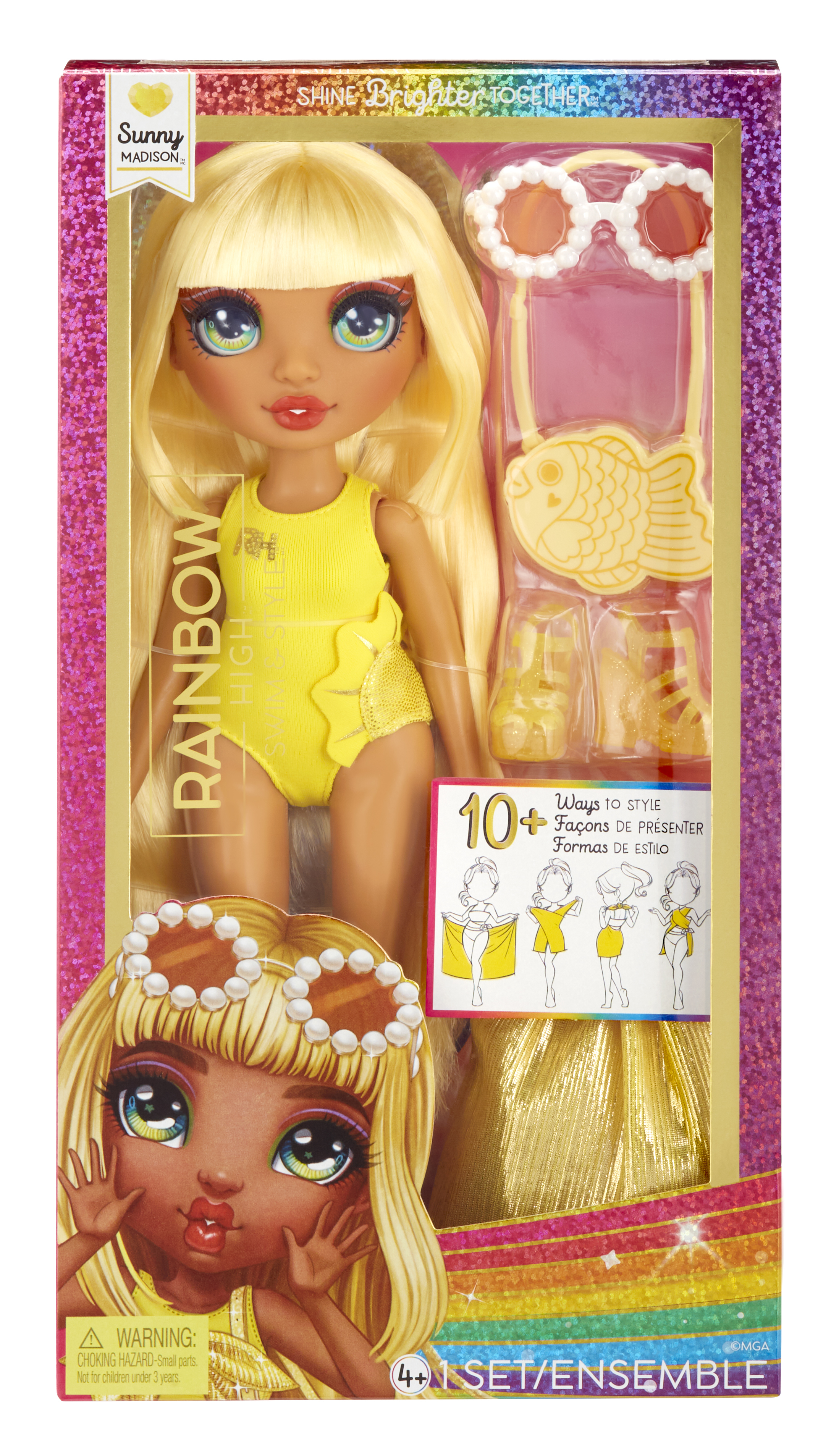 Sunny Madison Puppe im gelben Badeanzug mit Accessoires in der Verpackung.