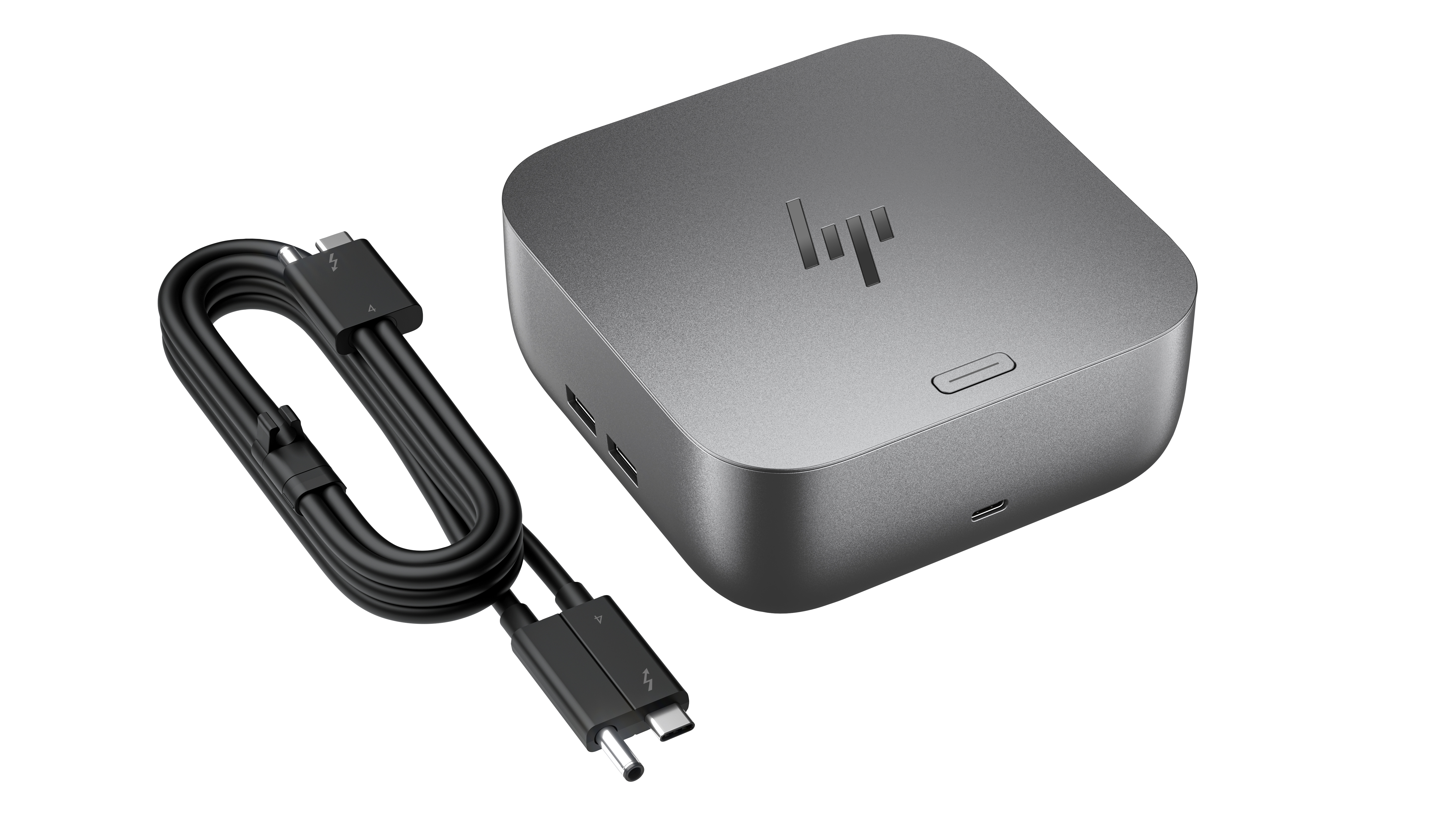 Grauer HP Docking-Hub mit schwarzem Kabel und Blitz-Symbolen.