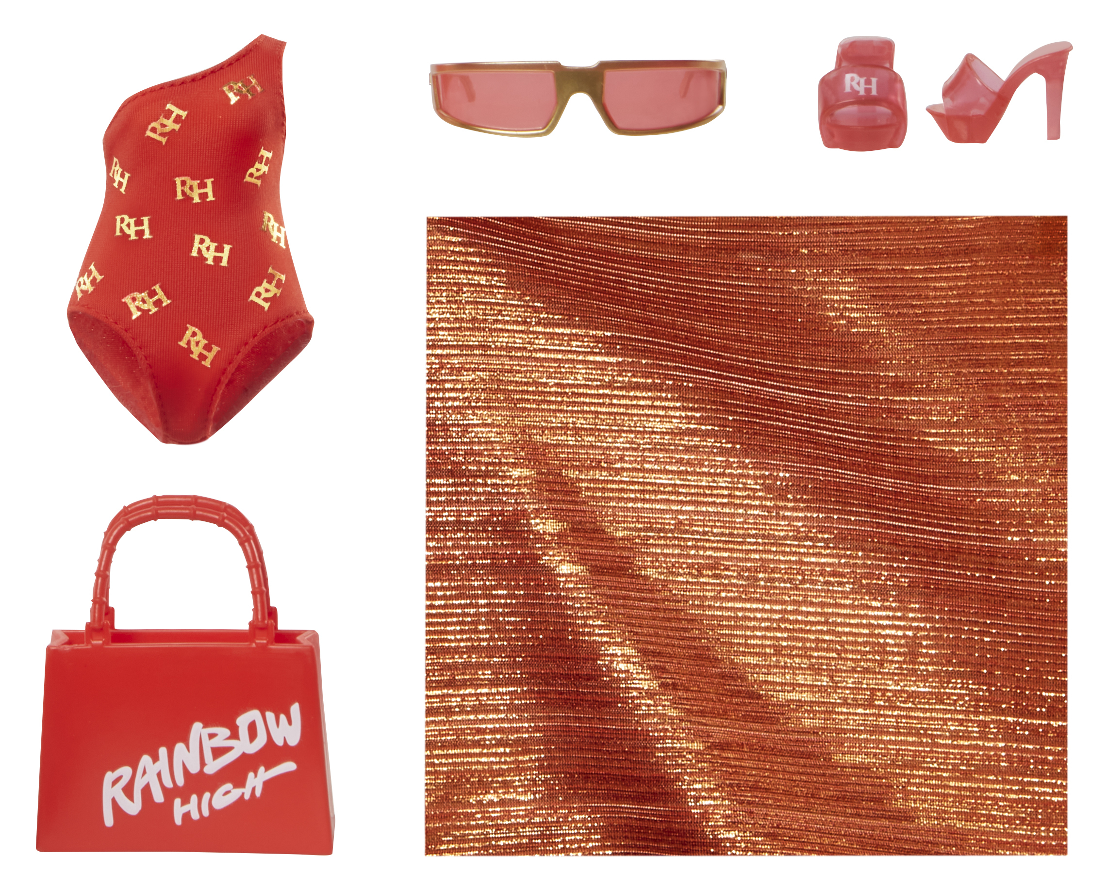 Roter Badeanzug mit "RH"-Logo, Sonnenbrille, Schuhe, Handtasche und Stoff.