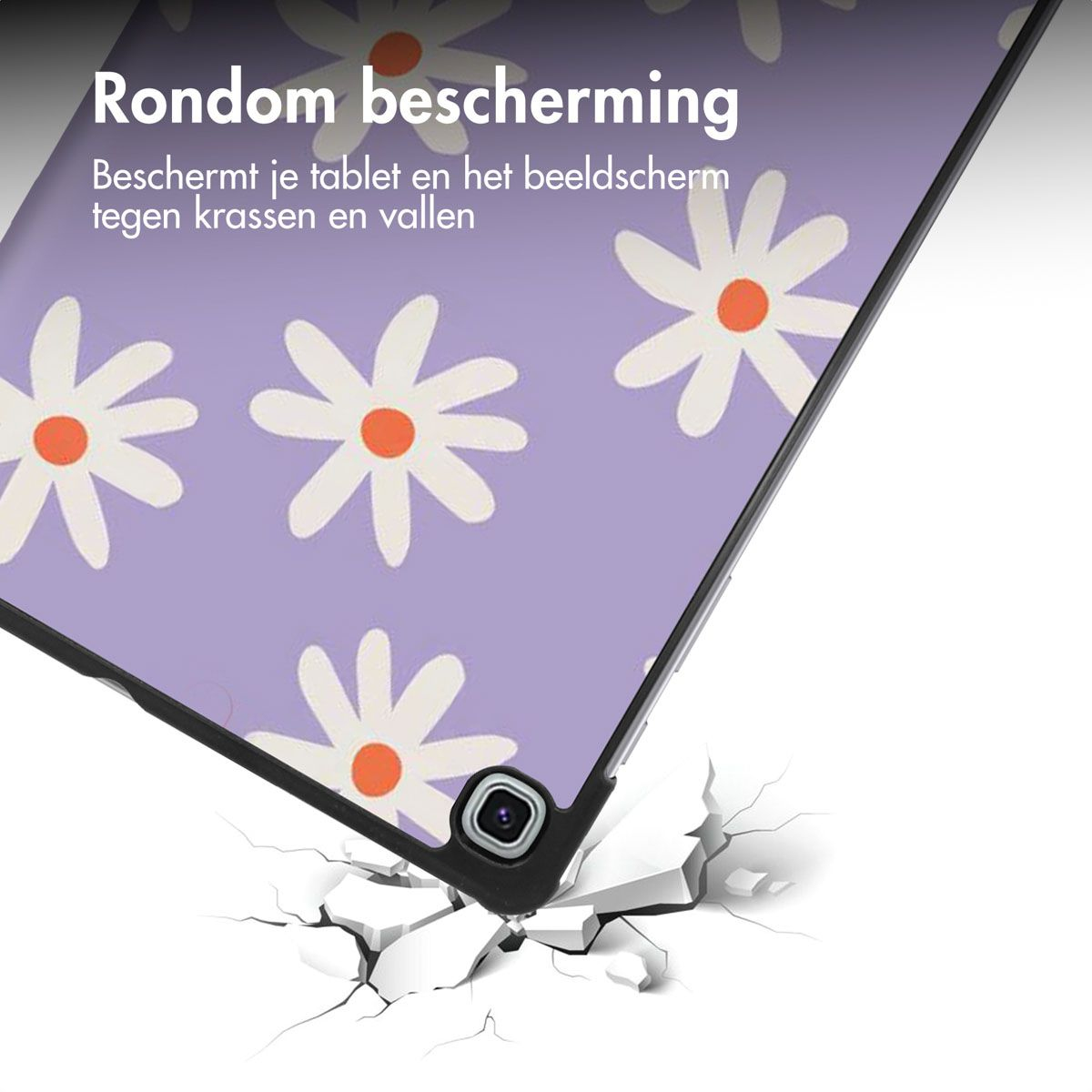 Paars hoesje met witte madeliefjes en oranje centers, beschermt tegen vallen.