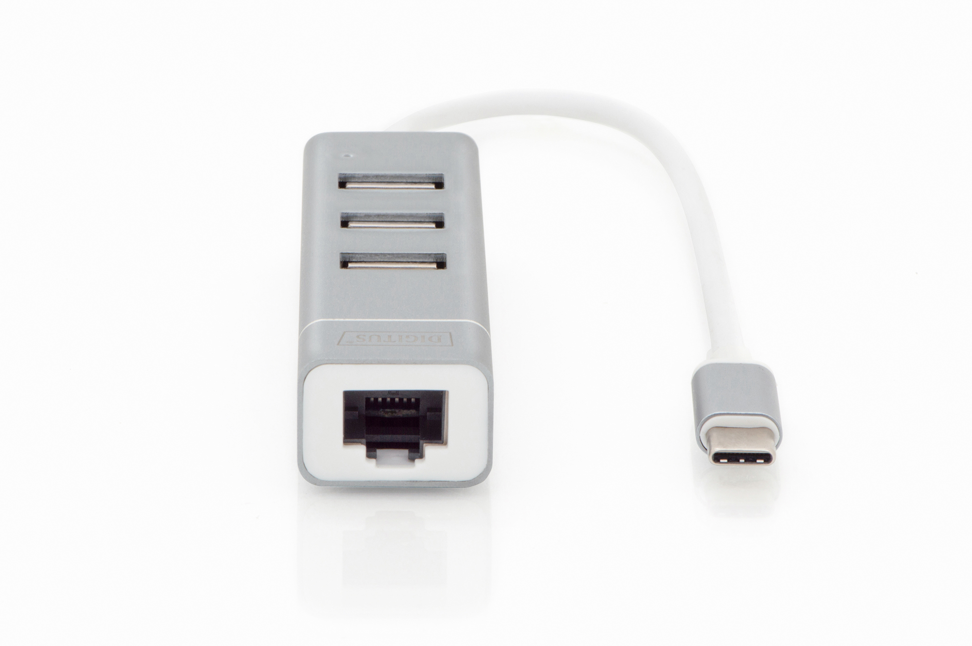 Silberner USB-C-Hub mit 3 USB-A-Ports und einem Ethernet-Anschluss.