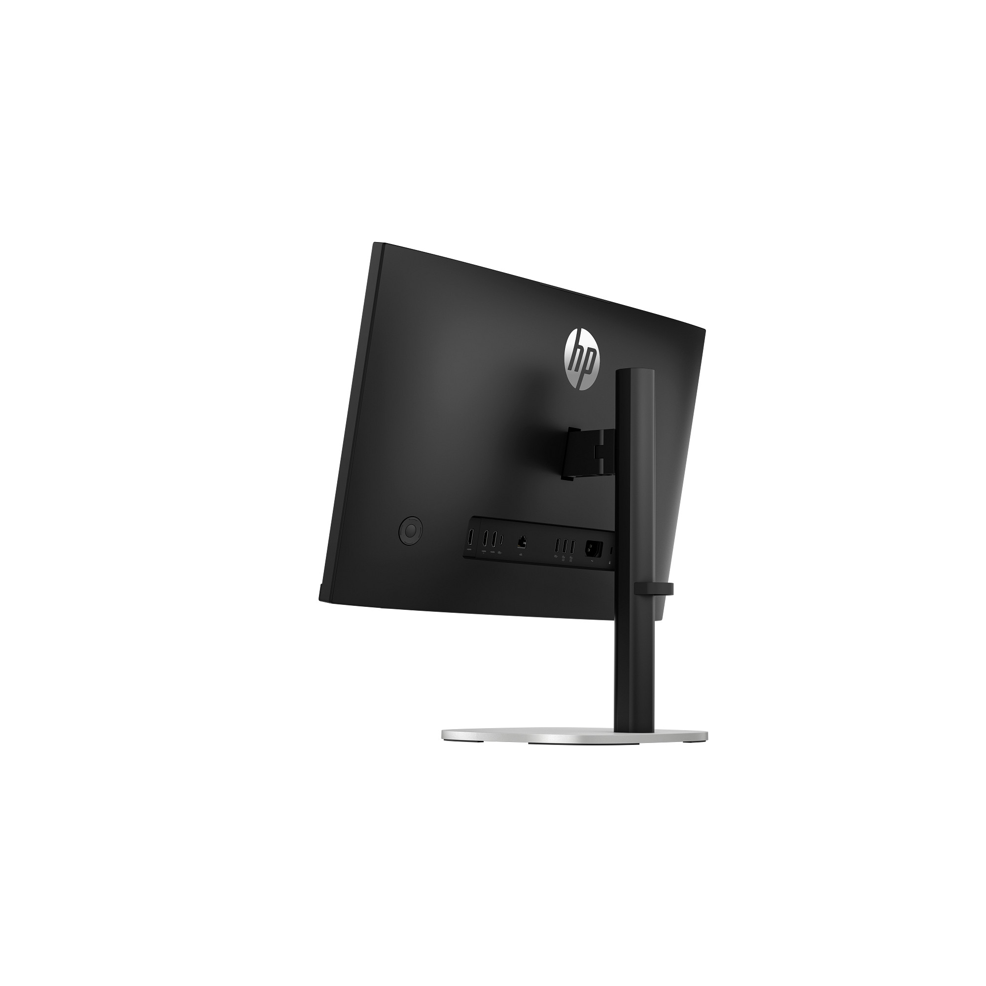 Vista posteriore di un monitor HP nero con base argento e porte.