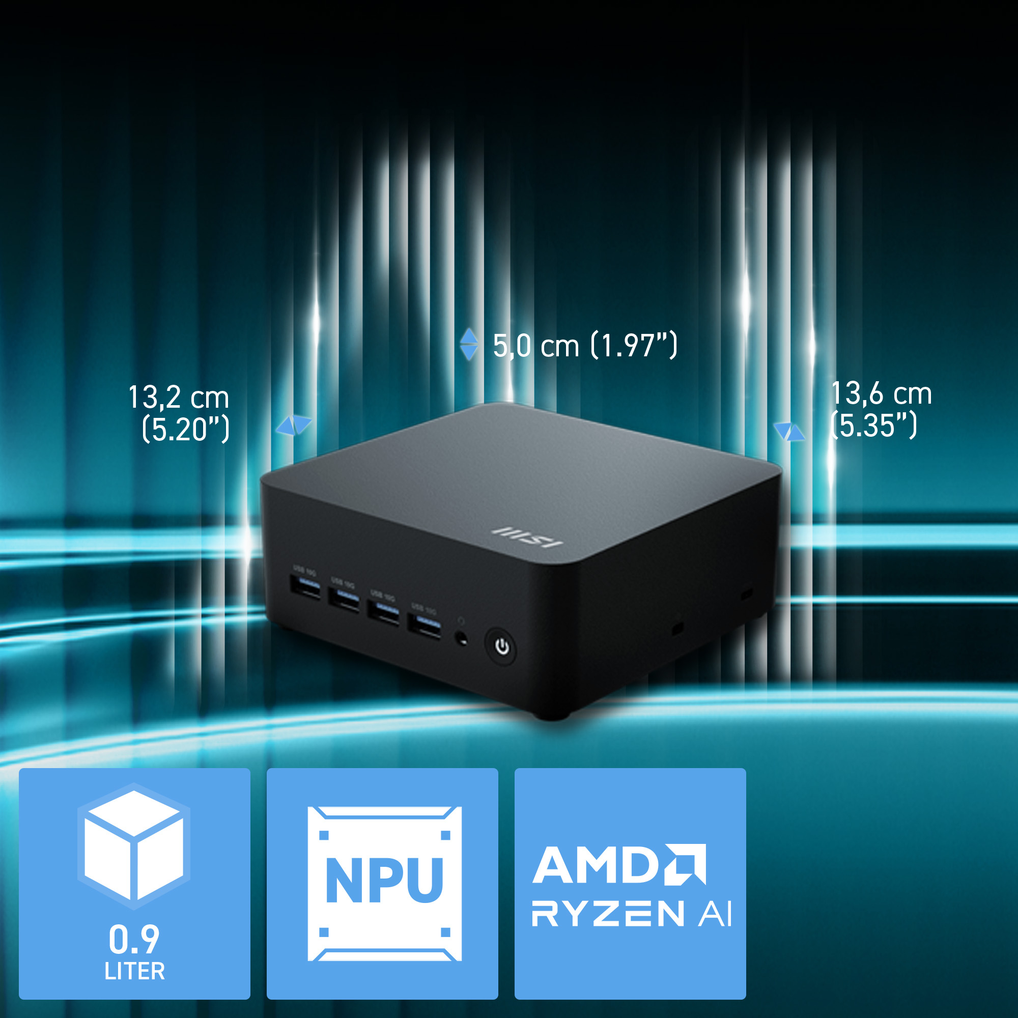 Mini PC MSI nero compatto, dimensioni 13,2x5,0x13,6 cm, volume 0,9L, NPU, Ryzen AI.