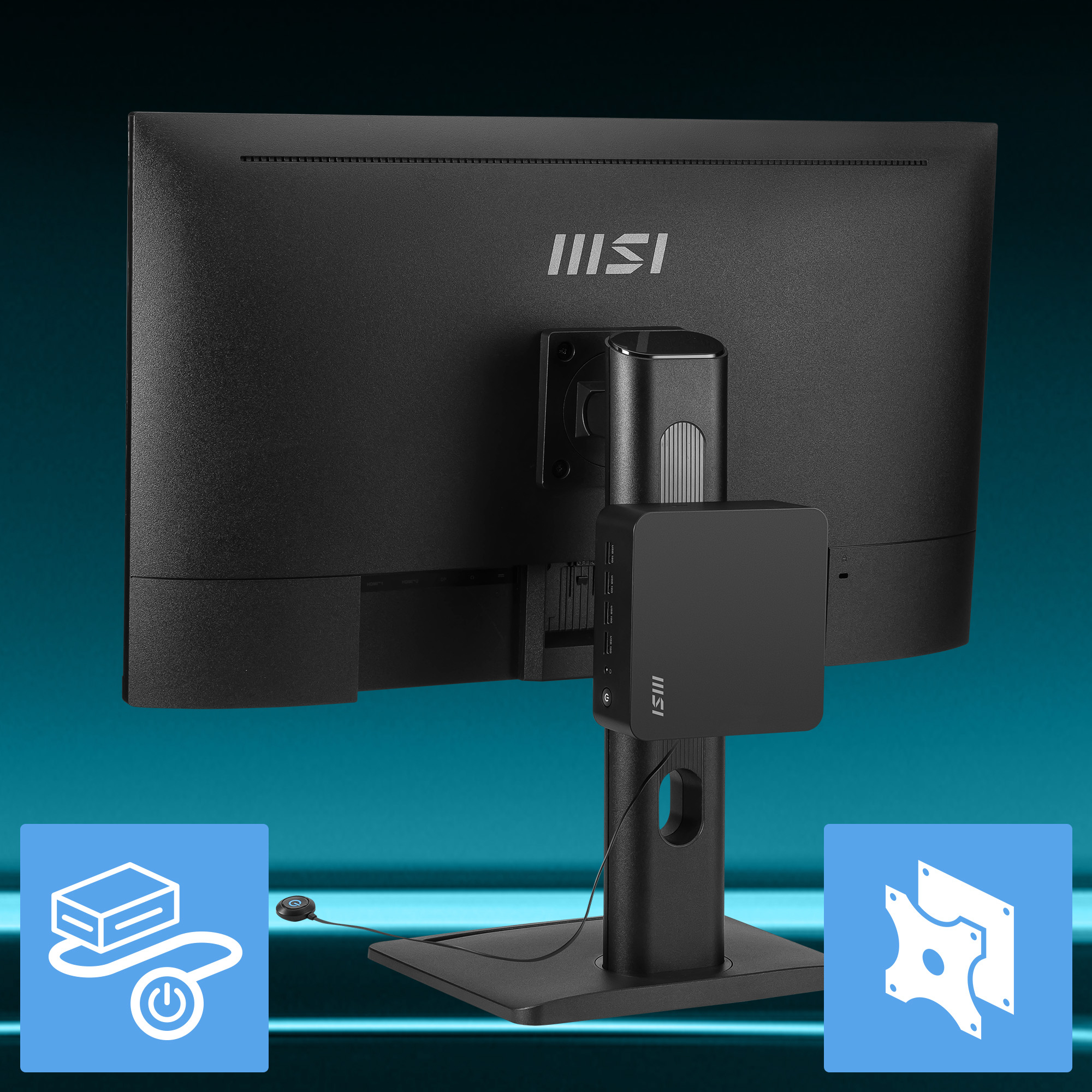 Vista posteriore di monitor nero con mini PC collegato. Icone di alimentazione e supporto.