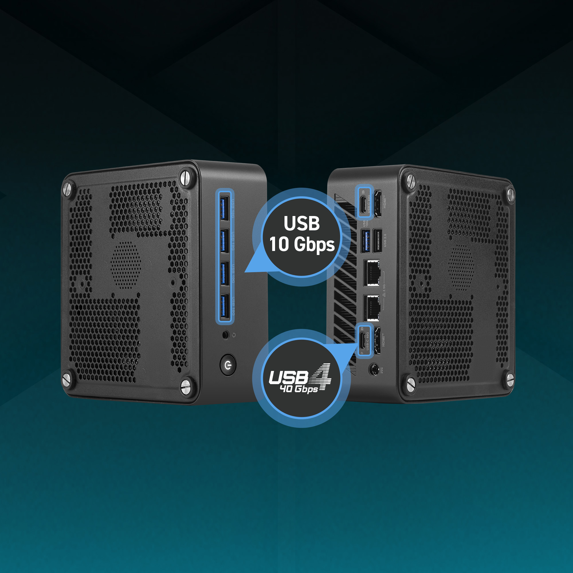 Due mini PC neri con ventole e porte. USB 10 Gbps e 40 Gbps.