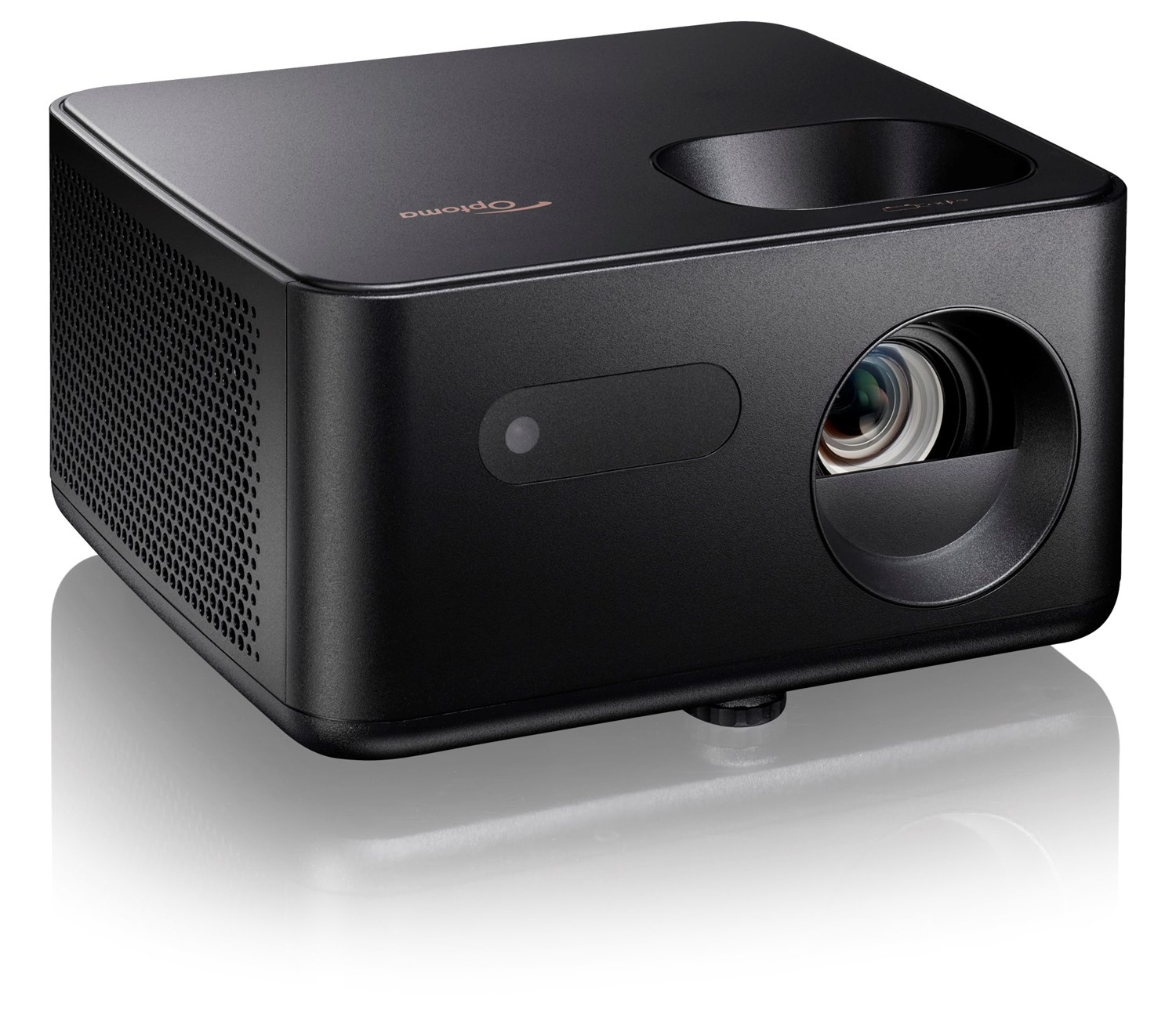 Un projecteur Optoma noir avec grilles de ventilation et lentille.
