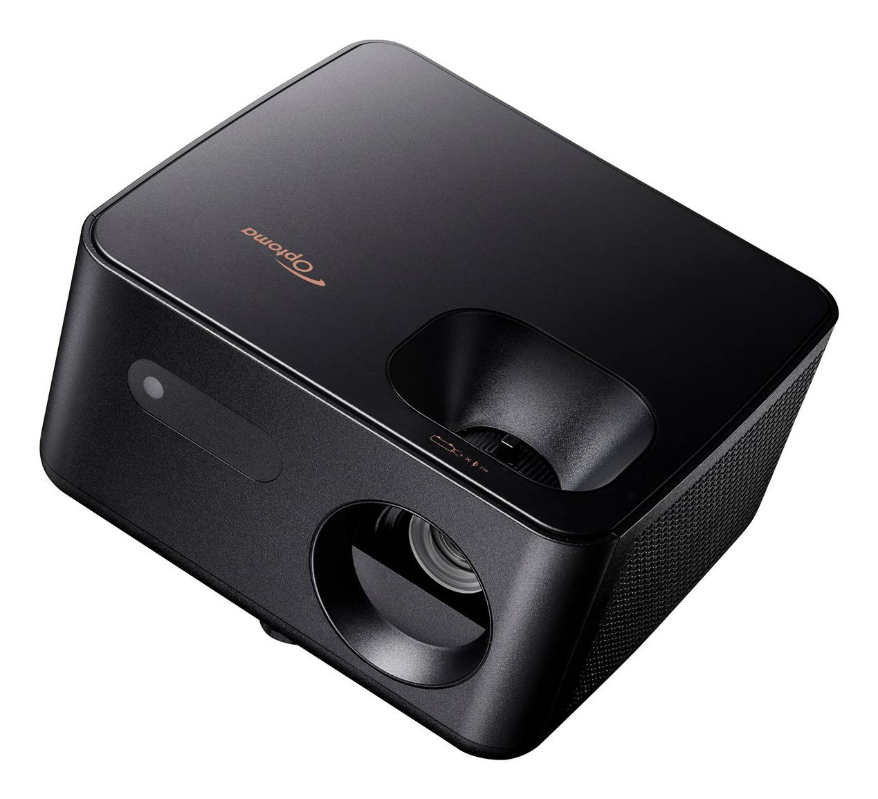 Projecteur Optoma noir avec objectif à l'avant et grille de ventilation latérale.