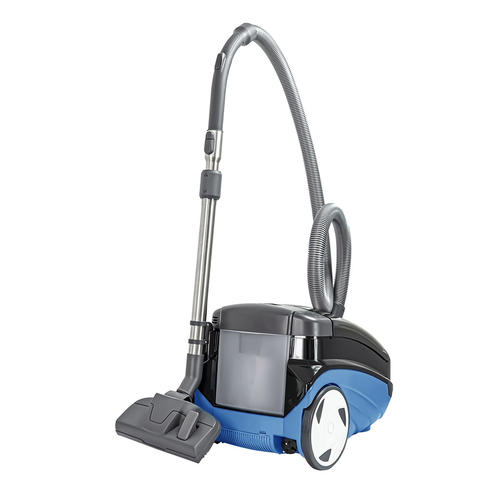 Ein blauer und schwarzer Staubsauger mit Schlauch und Bürste.