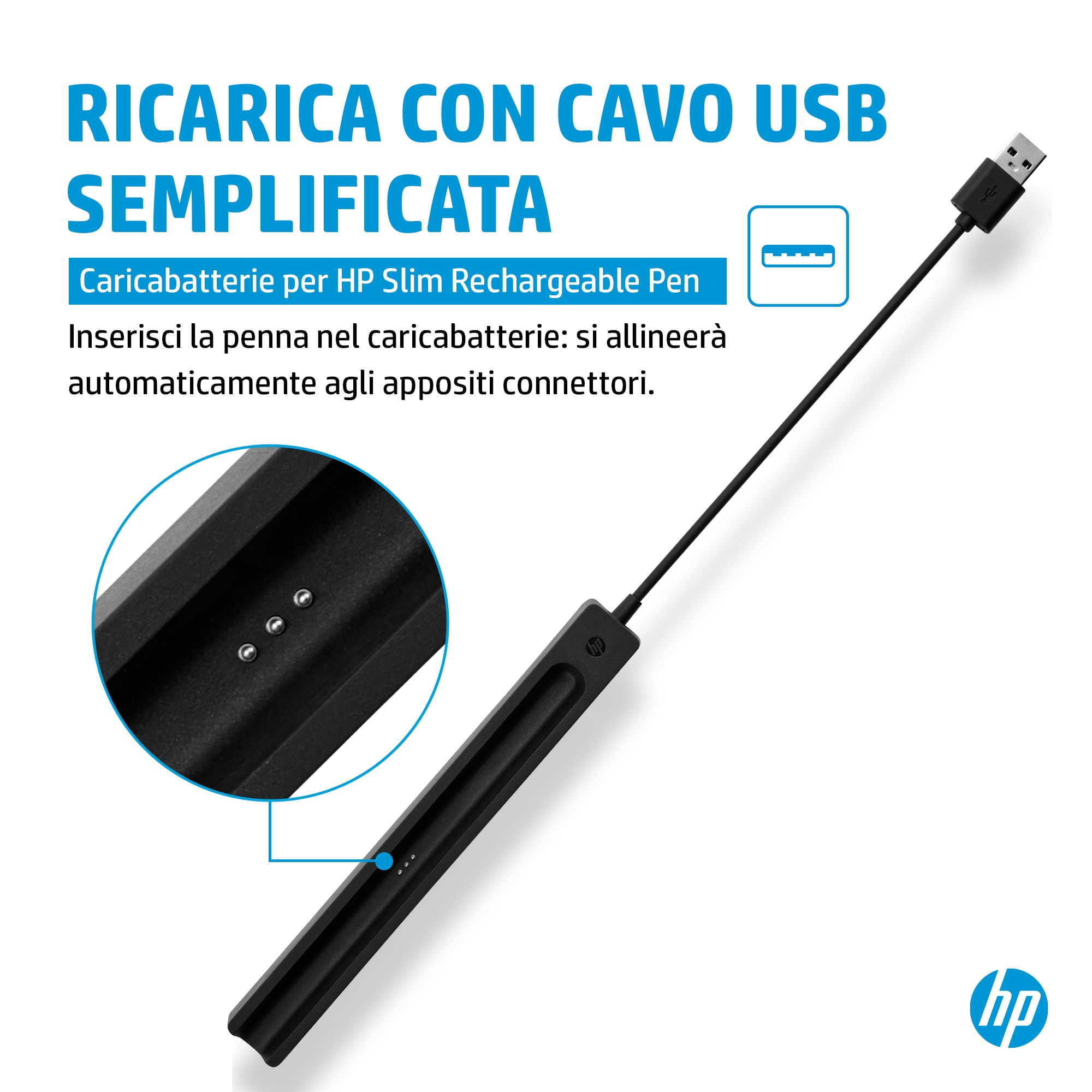 Caricabatterie per penna nero con cavo USB e logo HP.