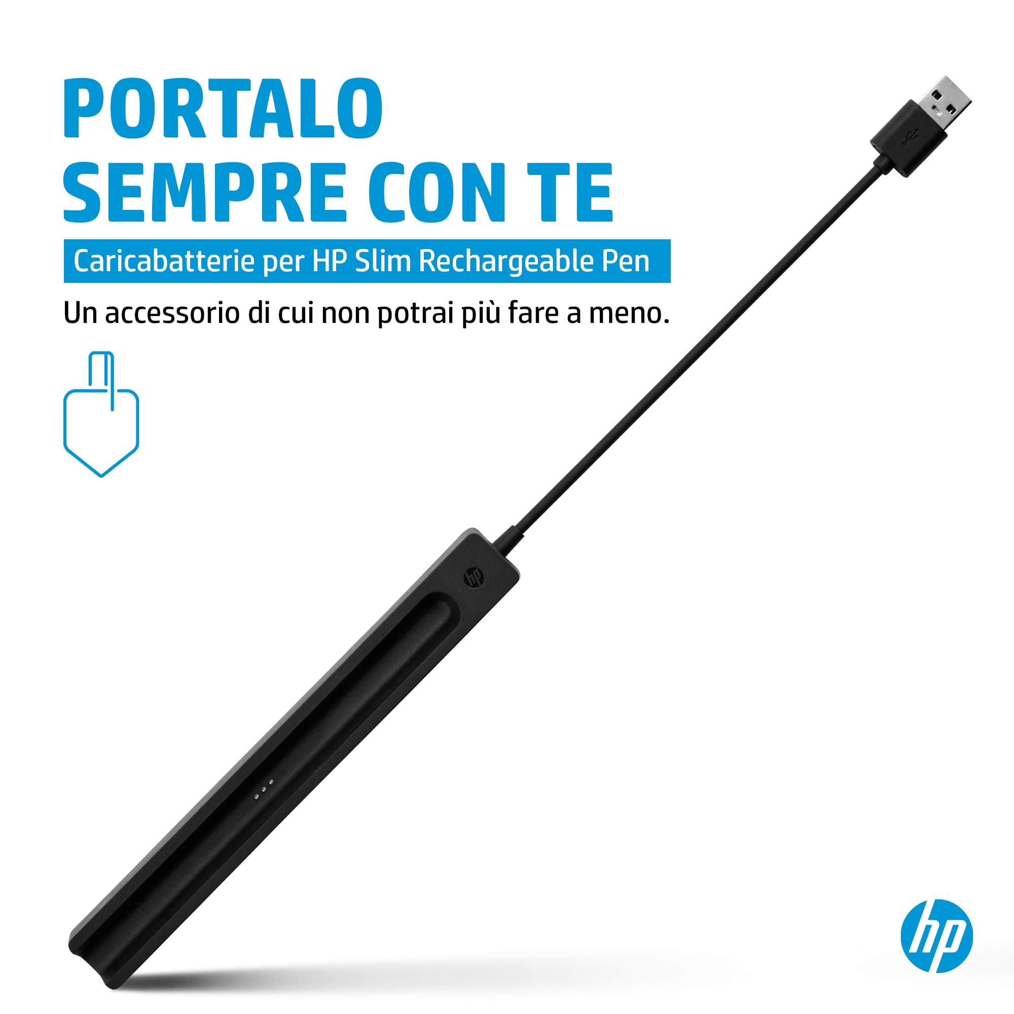 Caricabatterie nero per penna HP con cavo USB e logo HP.