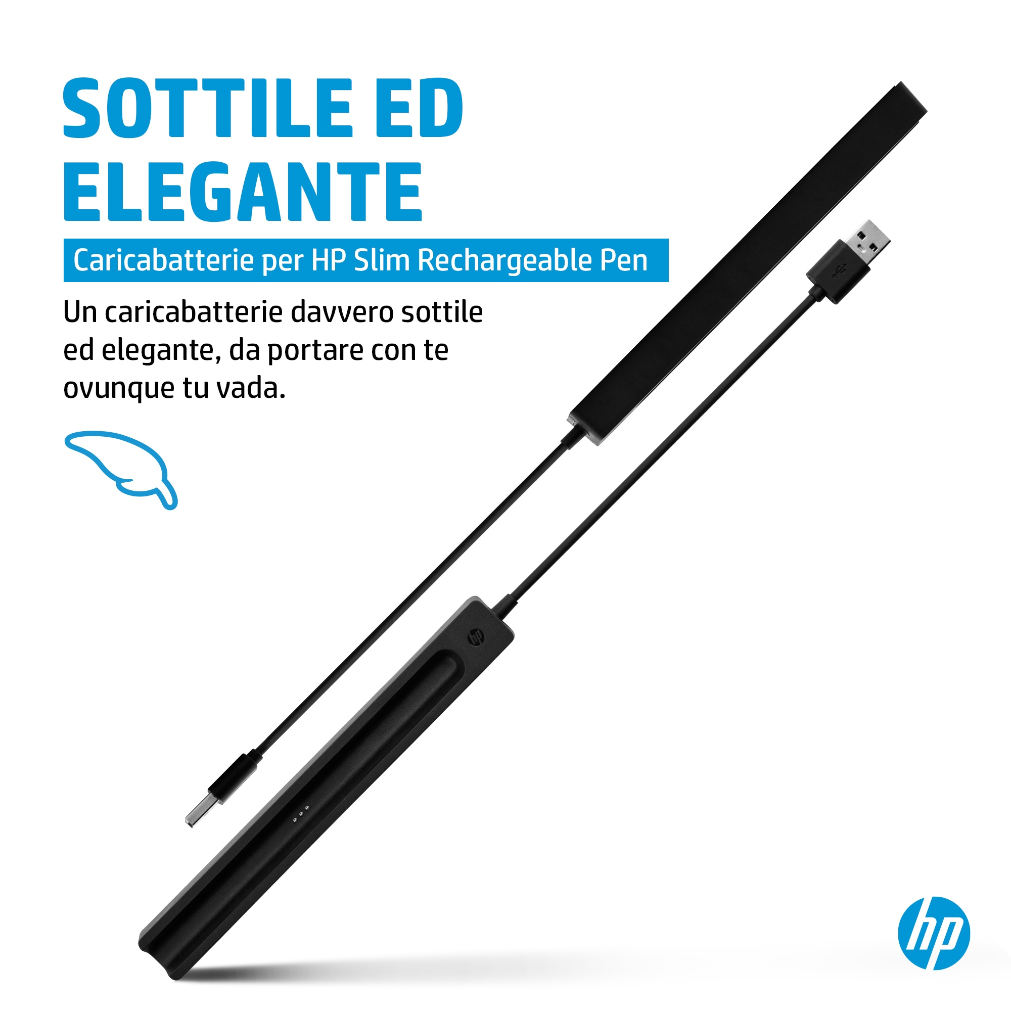 Caricabatterie HP nero per penne con cavo USB su sfondo bianco.