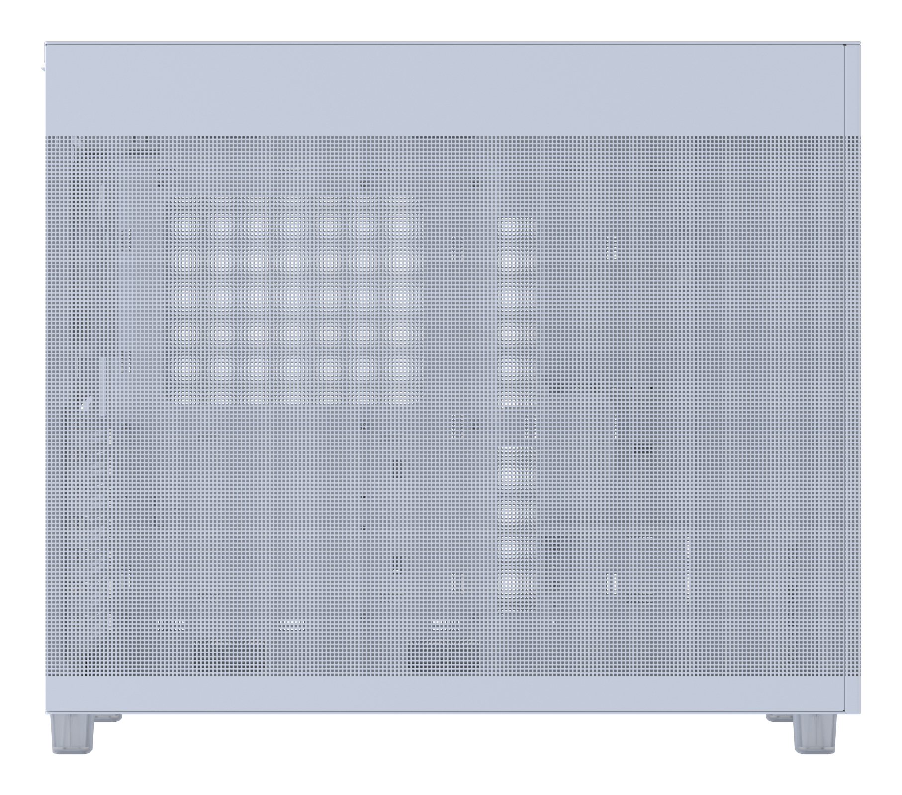 Jasnoszara obudowa komputera z perforowanym panelem przednim i górnym.
