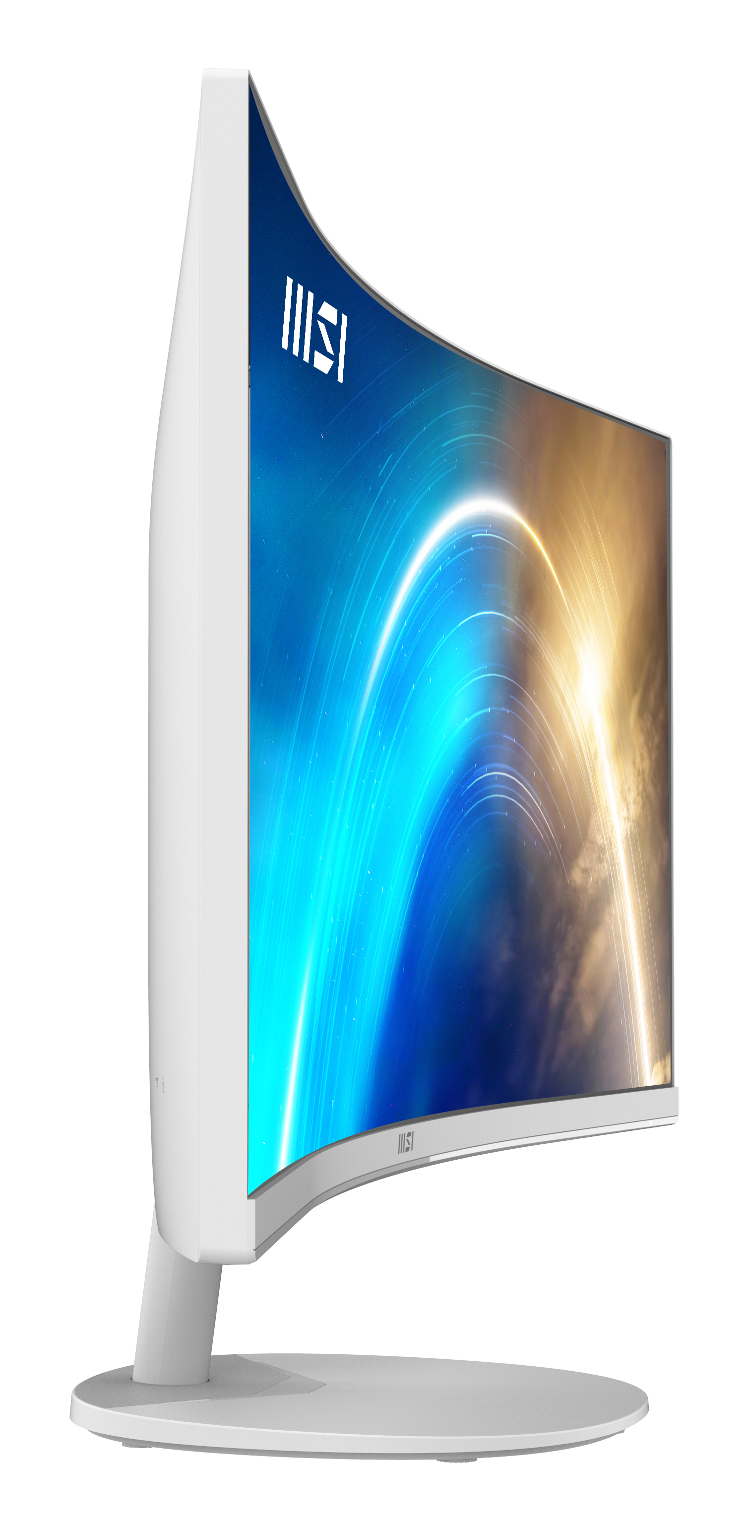 Een witte, gebogen MSI monitor met een blauw en gouden achtergrond.