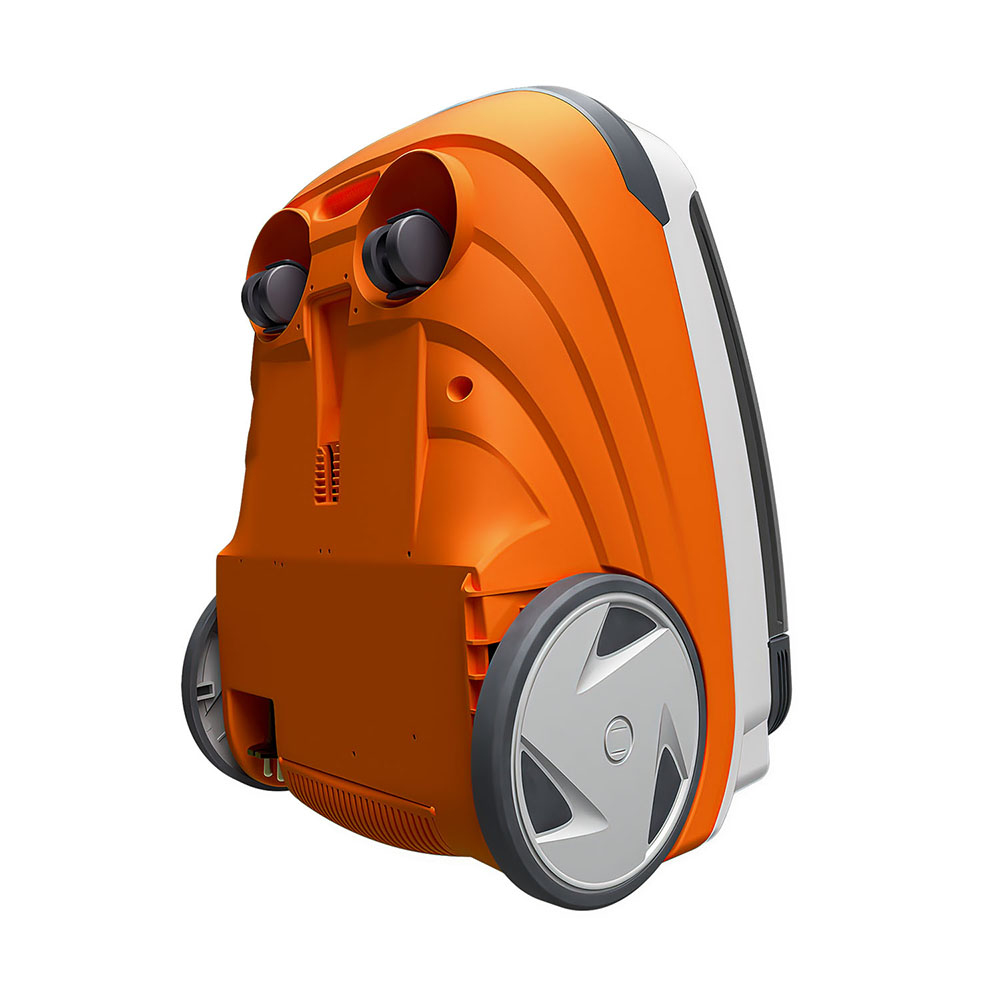 Ein orangefarbener Staubsauger mit zwei großen Rädern und zwei kleineren Rädern oben.