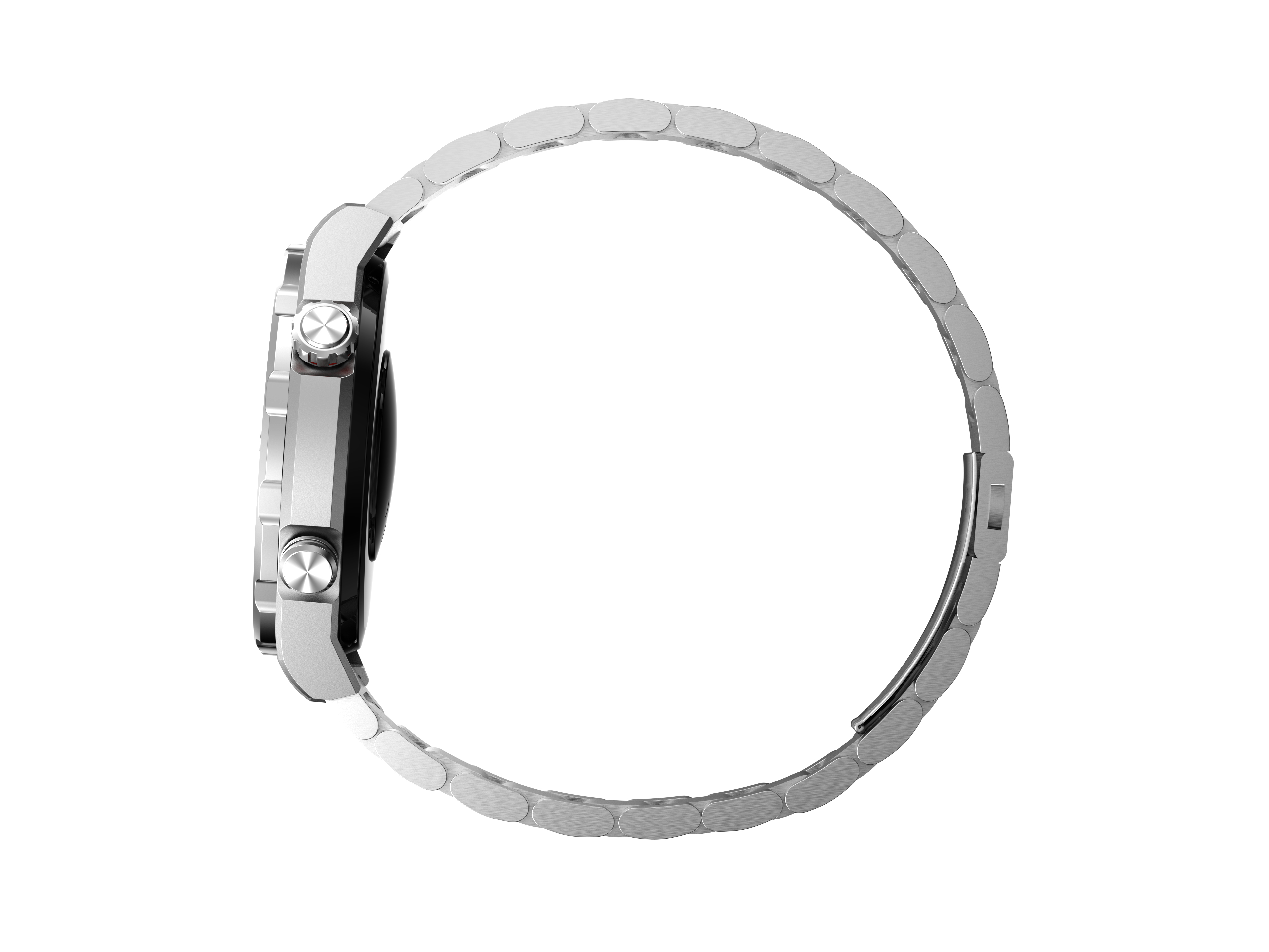 Orologio argentato con bracciale a maglie, visto di lato, su sfondo bianco.