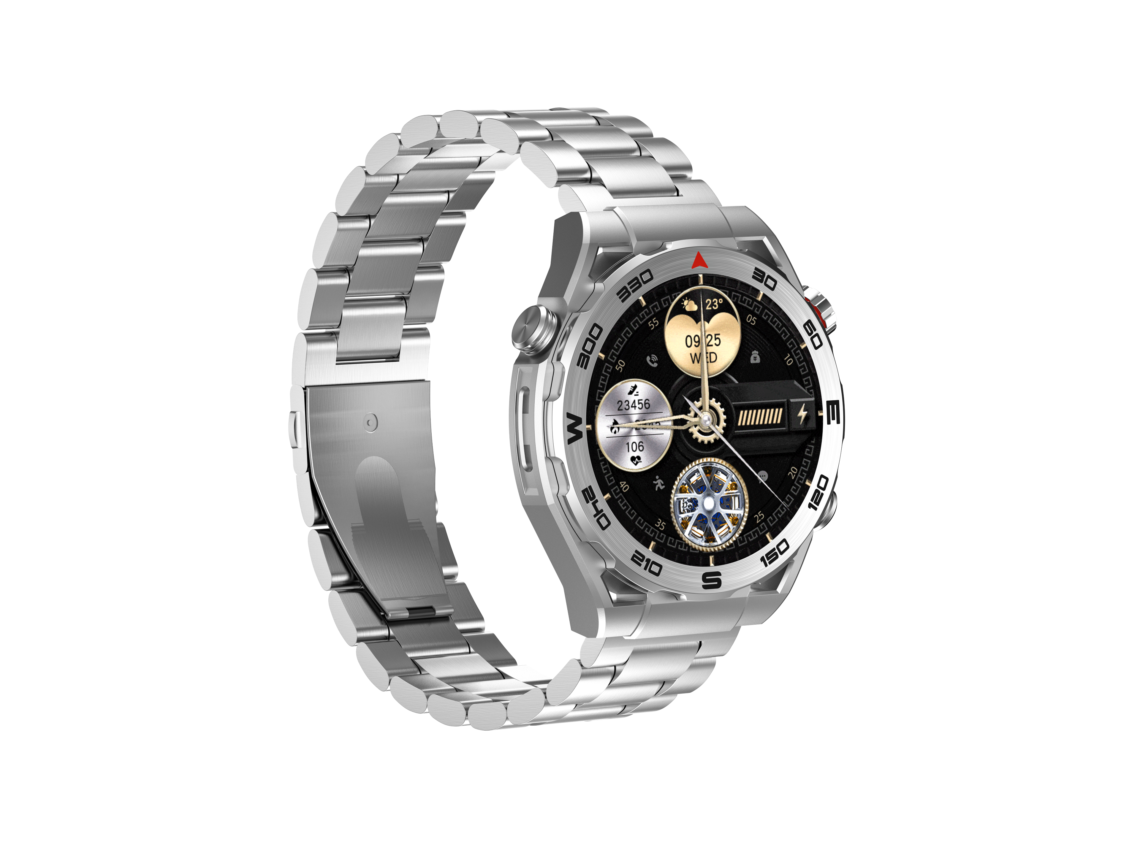 Smartwatch d'argento con cinturino in metallo, mostra ora, data e meteo.