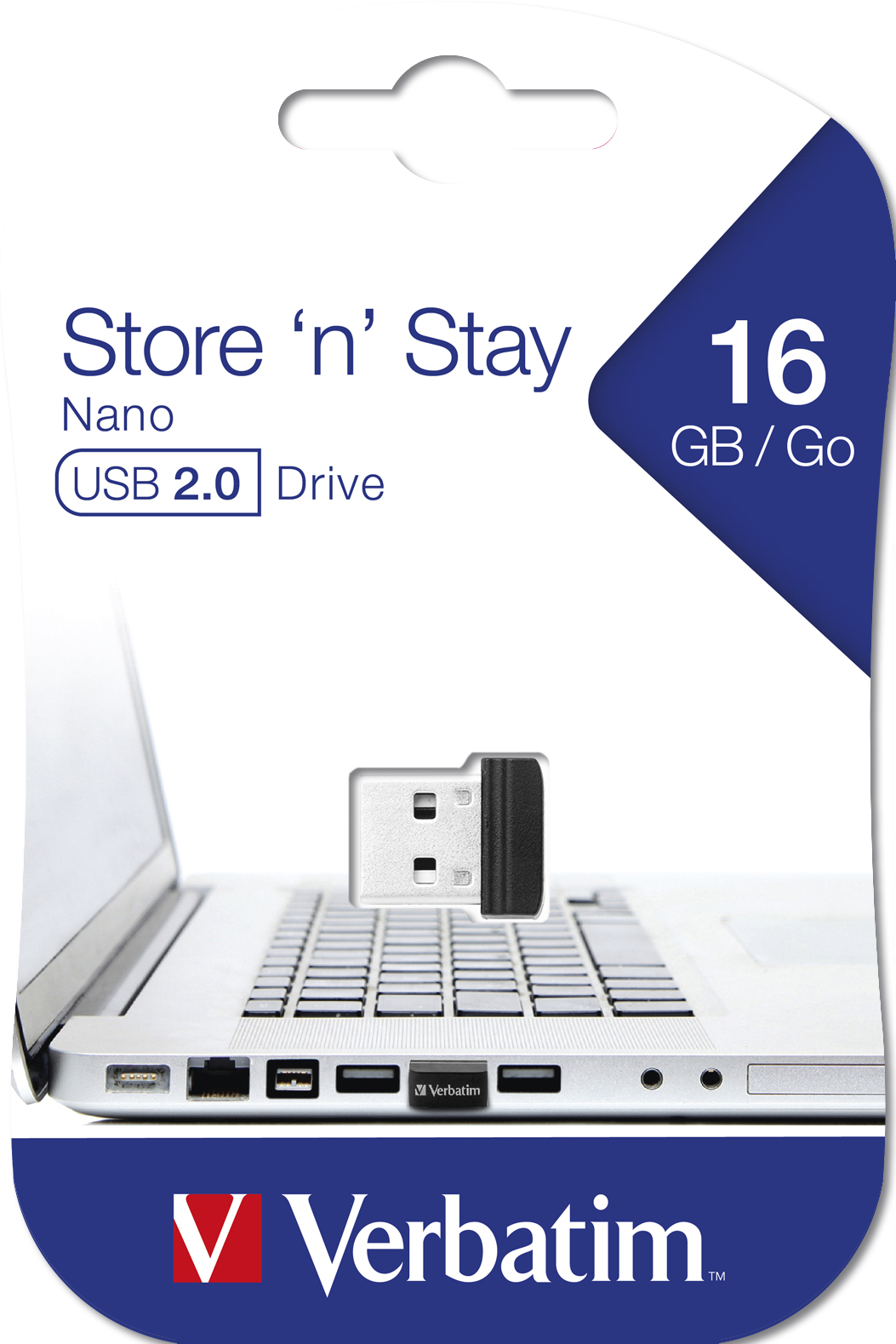 Verbatim Store 'n' Stay Nano USB 2.0 Drive 16 GB na klawiaturze laptopa.