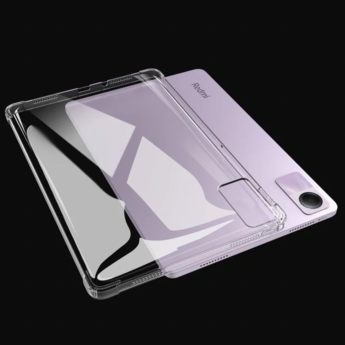 A clear protective case lies on a purple tablet against a black background.