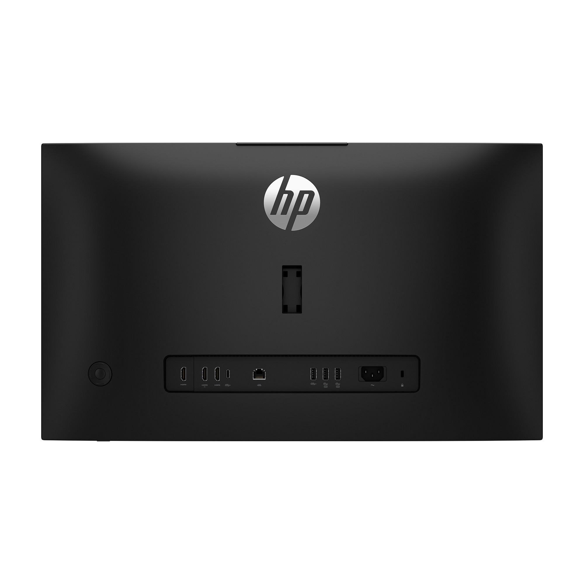 Retro di un computer HP All-in-One nero con varie porte.